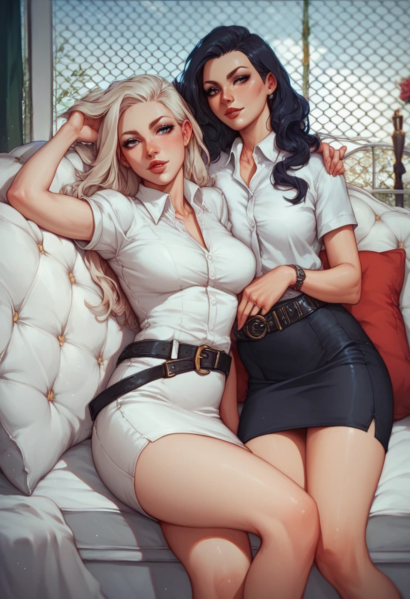 2girls, pharah and mercy, overwatch, blonde hair, black hair, deep v neck, dress