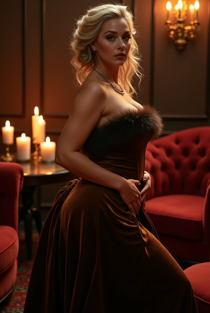 In a dark royal room lit only by candles is a beautiful blonde woman with small exposed breasts, scarpe con tacco che indossa una maschera veneziana, sexy