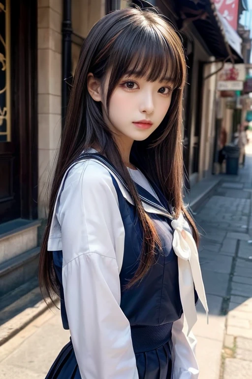 master piece, ultra detail, 8k, a girl in a sailor outfit sitting on a set of stairs, a stock photo by Sailor Moon, trending on cg society, remodernism, anime aesthetic, anime, white background,