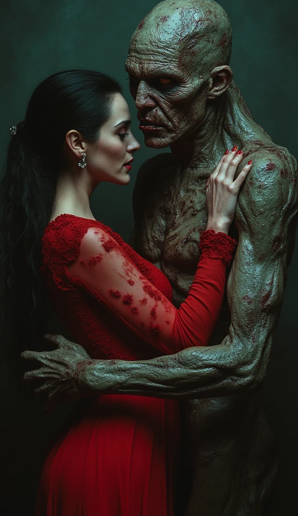  A glamorous and sensual woman in a red dress ,  embracing a grotesque and disgusting monster ,  with rotting skin and eyes full of anger .  The monster has a deformed body ,  with big blisters and a mouth full of mucus. Despite his disgusting appearance ,  They embrace each other passionately ,  with the completely calm woman .

