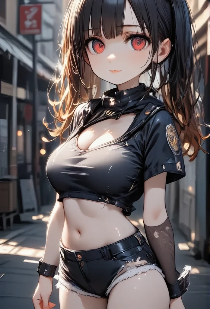 NSFW、 One girl \(cute, Cute,Charming,Charmingな, seductive , Evil Smiles , smirking ,  open mouse over P,tooth, black hair, long hair,Twin tail hair,青 white skin,  white skin,  red eyes,  short hair jacket with shining eyes ,Very large eyes, Big Breasts ,  Perky Breasts  ,  Punk Fashion,  torn clothes ,  Tight Tube Tops, Tight hot pants, The stomach is visible, ripped black short jacket, Fluffy black cat ears, spiral eyes, bang, pocket\),background\(outside, Noisy city, Backstreet,  narrow street ,  from behind , At night\), 3d rendering , portrait, bust up,from below, close-up girl、((( masturbation)))