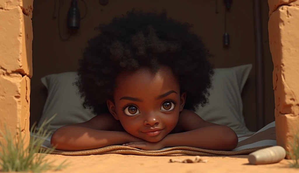 A dark skinned, middle aged woman sat naked on a bed.