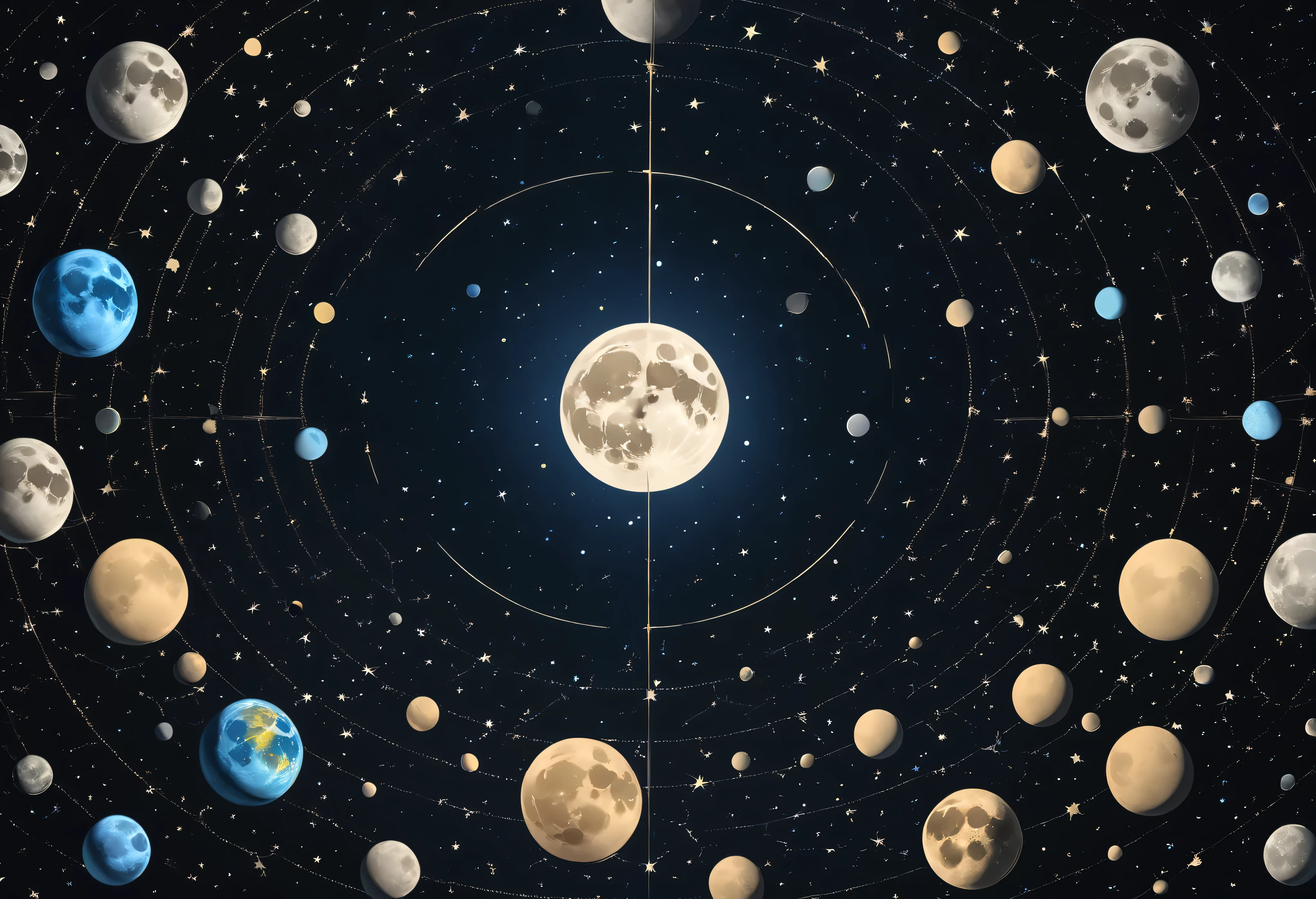 a close up of a full moon with a few phases, an illustration of by Ju Lian, shutterstock, minimalism, lunar cycles, realistic moon in the background, the phases of the moon, moons in background, multiple moons glowing, multiple moons, moon background, the moon orbiting other moons, moons, moon and stars in night sky, lunar time, full moon background