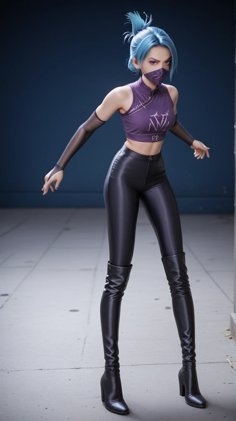 1girl, night thief, blue hair, folded ponytail, purple eyes, ninja mask, mouth mask, purple crop top, black shiny high waisted disco pants, black elbow gloves, thigh boots, standing on the floor, battle stance, look at the viewer, at bedroom
