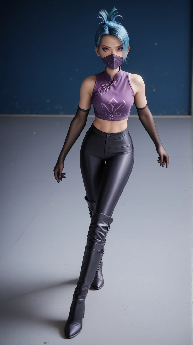 1girl, night thief, blue hair, folded ponytail, purple eyes, ninja mask, mouth mask, purple crop top, black shiny high waisted disco pants, black elbow gloves, thigh boots, standing on the floor, battle stance, look at the viewer, at bedroom
