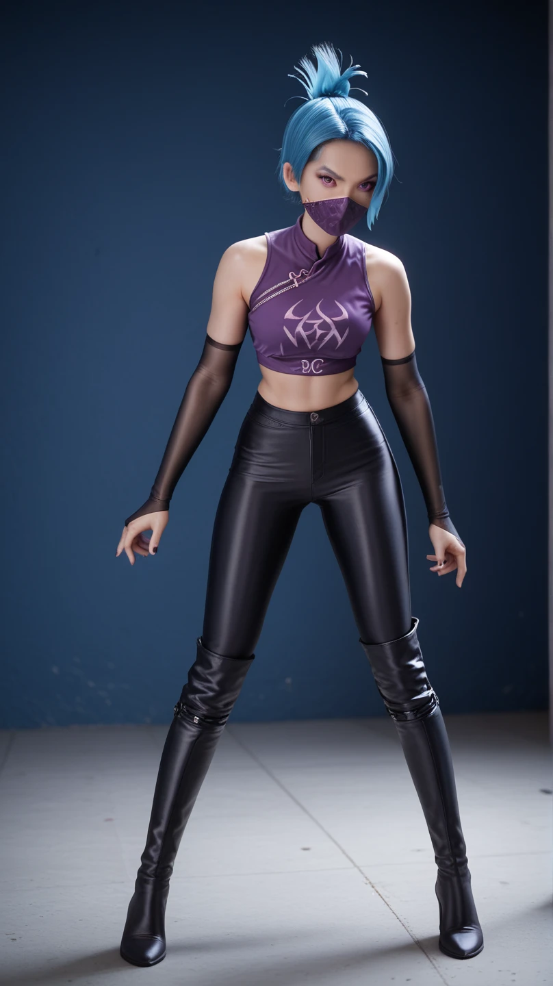 1girl, night thief, blue hair, folded ponytail, purple eyes, ninja mask, mouth mask, purple crop top, black shiny high waisted disco pants, black elbow gloves, thigh boots, standing on the floor, battle stance, look at the viewer, at bedroom
