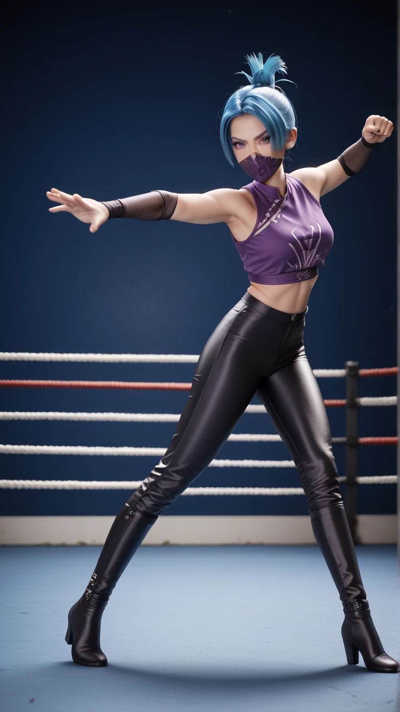 1girl, night thief, blue hair, folded ponytail, purple eyes, ninja mask, mouth mask, purple crop top, black shiny high waisted disco pants, black elbow gloves, thigh boots, kicking on the floor, battle stance, look at the viewer, at bedroom
