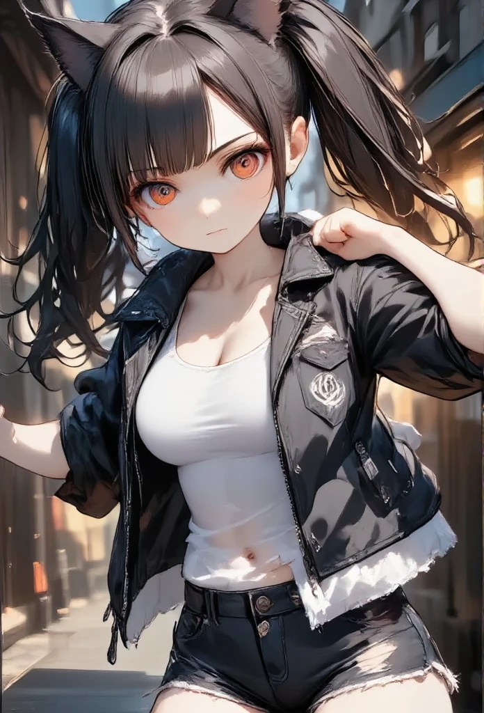 NSFW、 One girl \(cute, Cute,Charming,Charmingな, seductive , Evil Smiles , smirking ,  open mouse over P,tooth, black hair, long hair,Twin tail hair,青 white skin,  white skin,  red eyes,  short hair jacket with shining eyes ,Very large eyes, Big Breasts ,  Perky Breasts  , ((Completely naked))、Fluffy black cat ears, spiral eyes, bang, pocket\),background\(outside, Noisy city, Backstreet,  narrow street ,  from behind , At night\), 3d rendering , portrait, bust up,from below, close-up girl、((( masturbation)))