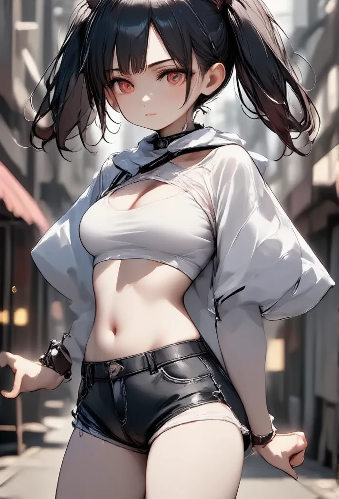 NSFW、 One girl \(cute, Cute,Charming,Charmingな, seductive , Evil Smiles , smirking ,  open mouse over P,tooth, black hair, long hair,Twin tail hair,青 white skin,  white skin,  red eyes,  short hair jacket with shining eyes ,Very large eyes, Big Breasts ,  Perky Breasts  , ((Completely naked))、Fluffy black cat ears, spiral eyes, bang, pocket\),background\(outside, Noisy city, Backstreet,  narrow street ,  from behind , At night\), 3d rendering , portrait, bust up,from below, close-up girl、((( masturbation)))