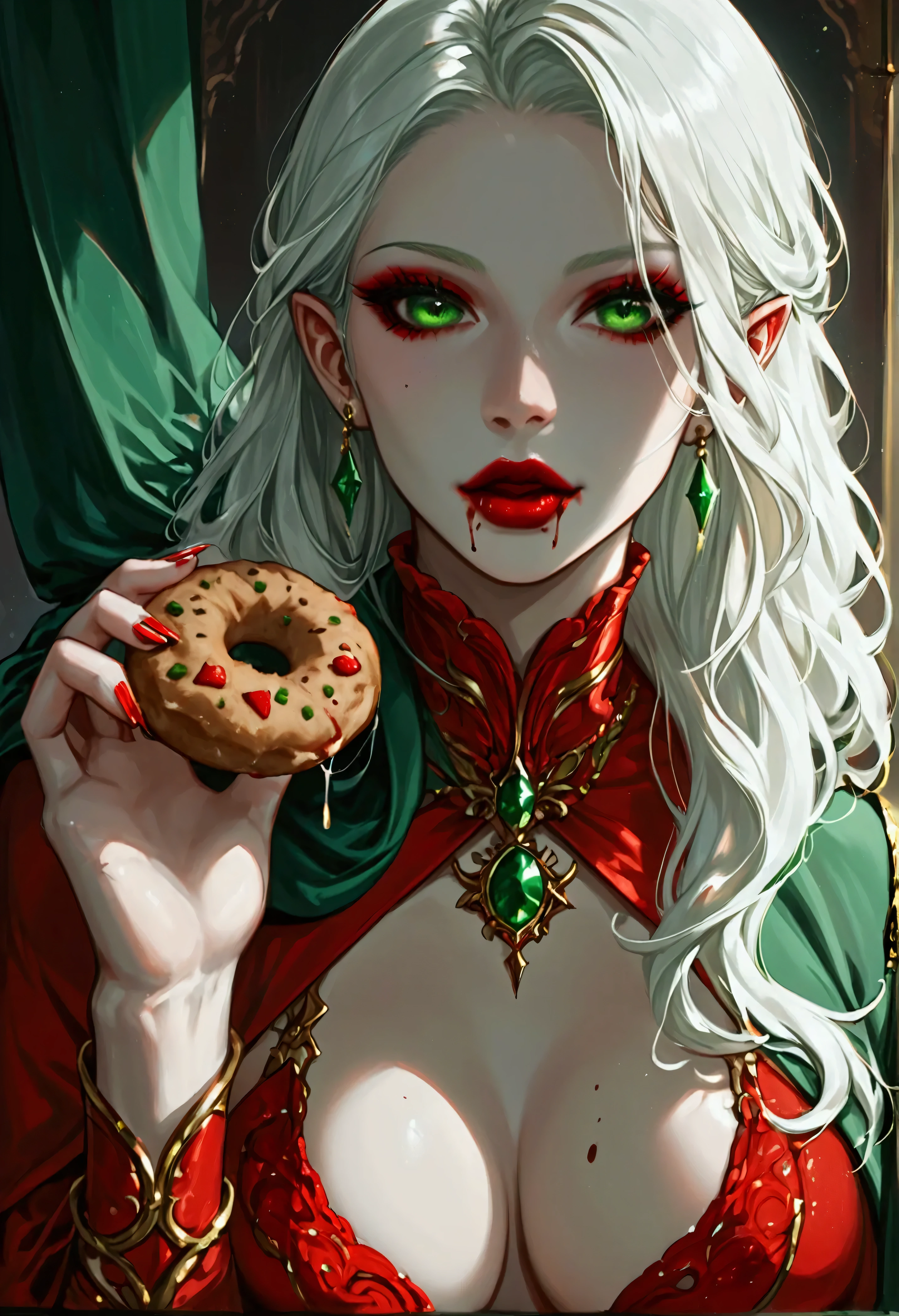 score_9, score_8_up, score_7_up, score_6_up, score_5_up, score_4_up, Arafed, a portrait of an vampire woman eating a (bloody cookie: 1.1), drpping blood, exotic beauty, long hair, white hair, (emerald green eyes), dark red lips, glamour shot, she wears an (red: 1.3) elegant suit, (green cloak: 1.3), high heel boots, full body shot, 16k, ultra detailed, masterpiece, best quality, (extremely detailed), arafed, dnd art Cinematic Shot