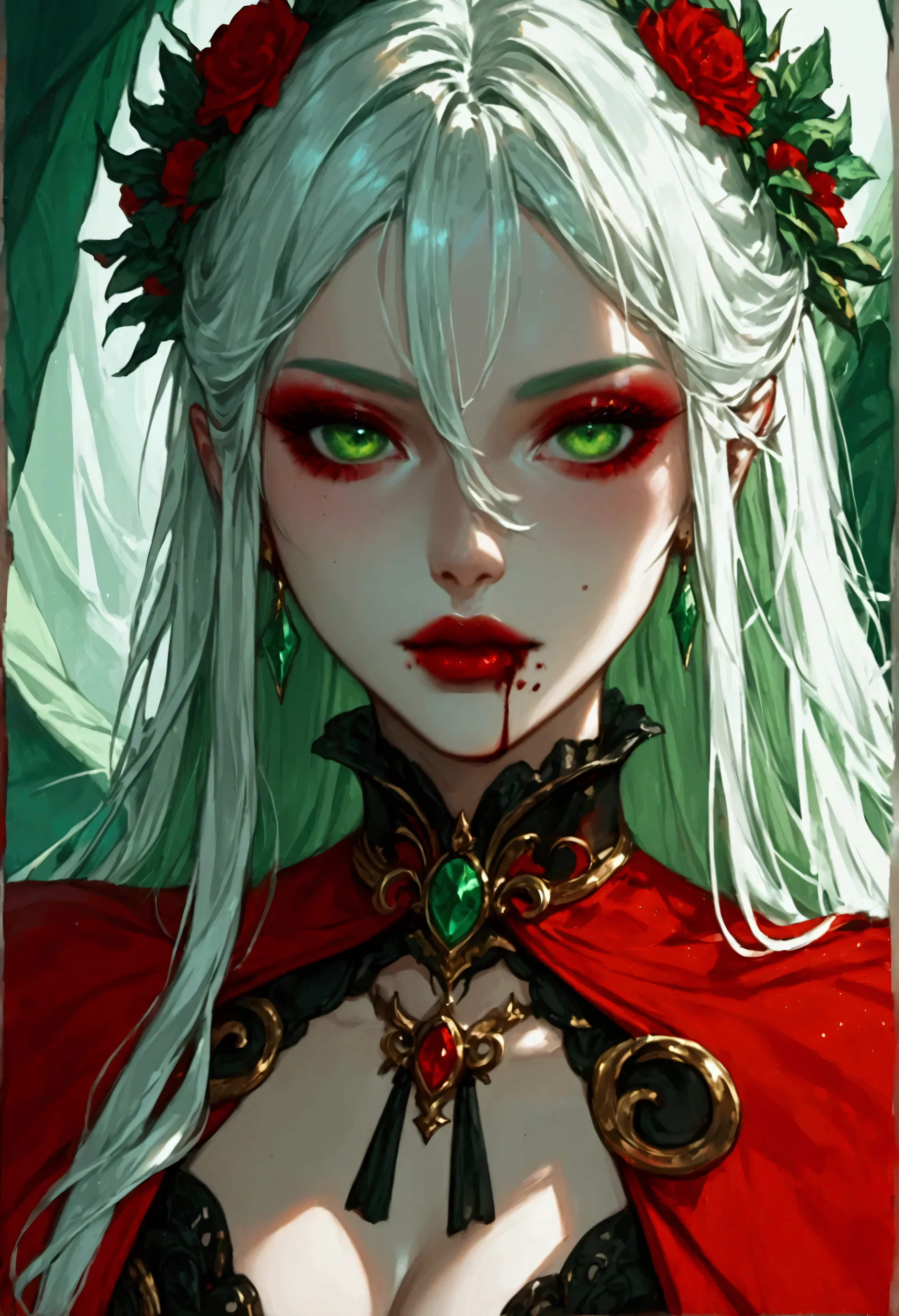 score_9, score_8_up, score_7_up, score_6_up, score_5_up, score_4_up, Arafed, a portrait of an vampire woman eating a (bloody cookie: 1.1), drpping blood, exotic beauty, long hair, white hair, (emerald green eyes), dark red lips, glamour shot, she wears an (red: 1.3) elegant suit, (green cloak: 1.3), high heel boots, full body shot, 16k, ultra detailed, masterpiece, best quality, (extremely detailed), arafed, dnd art Cinematic Shot