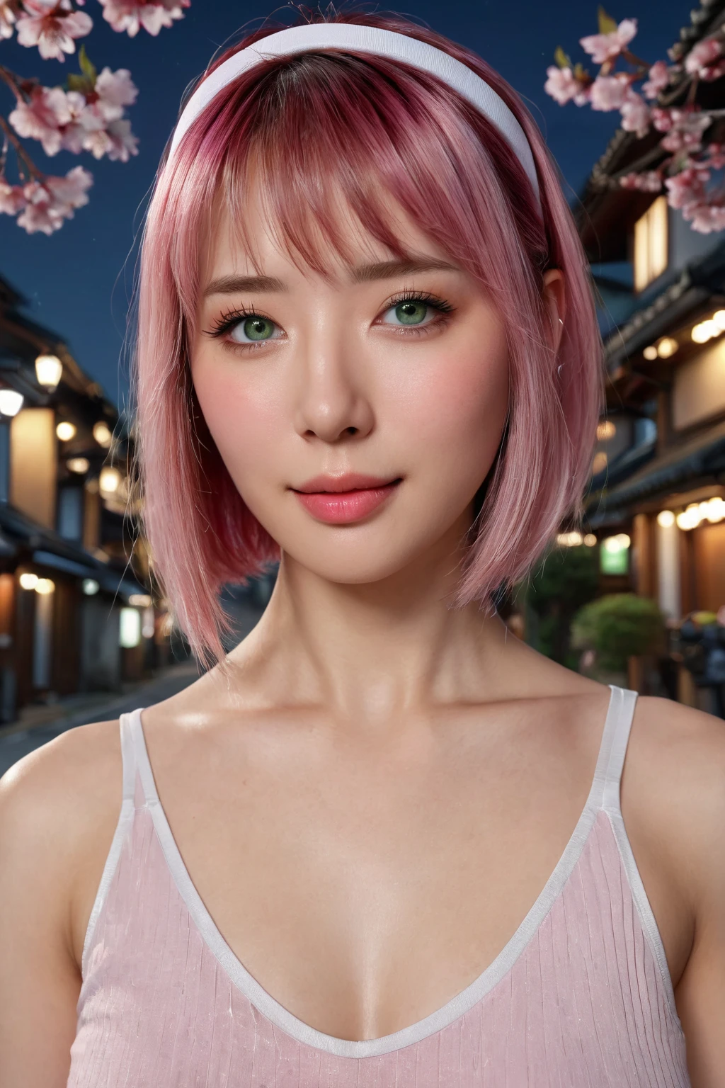 highest quaLightingy, 8k, 32K, masterpiece, photo  realistic ,  realistic , (photo realistic :1,4),  1 girl,  small smile , Dramatic lighting, Professional makeup, とても大きなChestの女性, ( seductive pose),  sexy,  beautiful, Shining White Face ,  beautiful顔,  pink cheeks,  beautiful唇,  porcelain-like skin, 細部が complicated,  super detailed , Super High,  most detailed,  very detailed, delicate,  Amazing Details ed, Small detailsed,  Cinematic Lighting, highest quaLightingy, 滑らかで beautiful, CG, Unity, 8k wallpaper,  wonderful, Small details, Unity CG wallpaper 8k  super detailed ,  VIEW SUPER HIGH DETAILS ,  super detailed ,  High Definition ,  Amazing Details ,  wonderful details,  depth boundary drawn.  Detailed Clothing Features ,Haru Sakura , Naruto \(series\), Naruto shippuuden,  anime style art , masterpiece, red  shirt,  shirt,  Shorthair, Sleeveless, Sleeveless  shirt, Forehead protector,  headband, konohagakure symbol on  headband,  1 girl, Alone, bangs, Chest,   closed mouse, elbow sleeves,  Eyes Seen Through Hair , Floating Hair, shortening,  green eyes,   hair intake  , parted bangs,  pink hair, , V-shaped eyebrows,  detailed background,  outdoors on the street at night, cherry blossoms, null, ( super detailed ), (8k,  complicated), (85mm), Particles of light, Lighting,  full body , ( very detailedな:1.2), Chestの焦点, ( gradients ),  software ,  colorful , ( detailed background), (The Third Law _composition:1.3), (Action range:1.2), dawn, Alone