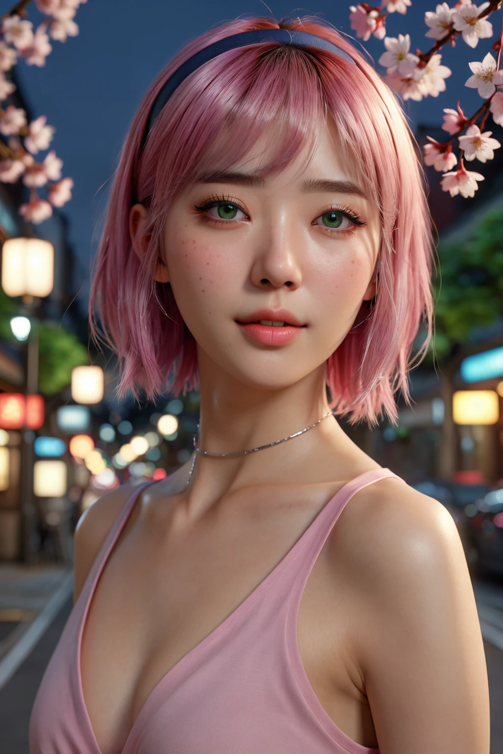 highest quaLightingy, 8k, 32K, masterpiece, photo  realistic ,  realistic , (photo realistic :1,4),  1 girl,  small smile , Dramatic lighting, Professional makeup, とても大きなChestの女性, ( seductive pose),  sexy,  beautiful, Shining White Face ,  beautiful顔,  pink cheeks,  beautiful唇,  porcelain-like skin, 細部が complicated,  super detailed , Super High,  most detailed,  very detailed, delicate,  Amazing Details ed, Small detailsed,  Cinematic Lighting, highest quaLightingy, 滑らかで beautiful, CG, Unity, 8k wallpaper,  wonderful, Small details, Unity CG wallpaper 8k  super detailed ,  VIEW SUPER HIGH DETAILS ,  super detailed ,  High Definition ,  Amazing Details ,  wonderful details,  depth boundary drawn.  Detailed Clothing Features ,Haru Sakura , Naruto \(series\), Naruto shippuuden,  anime style art , masterpiece, red  shirt,  shirt,  Shorthair, Sleeveless, Sleeveless  shirt, Forehead protector,  headband, konohagakure symbol on  headband,  1 girl, Alone, bangs, Chest,   closed mouse, elbow sleeves,  Eyes Seen Through Hair , Floating Hair, shortening,  green eyes,   hair intake  , parted bangs,  pink hair, , V-shaped eyebrows,  detailed background,  outdoors on the street at night, cherry blossoms, null, ( super detailed ), (8k,  complicated), (85mm), Particles of light, Lighting,  full body , ( very detailedな:1.2), Chestの焦点, ( gradients ),  software ,  colorful , ( detailed background), (The Third Law _composition:1.3), (Action range:1.2), dawn, Alone