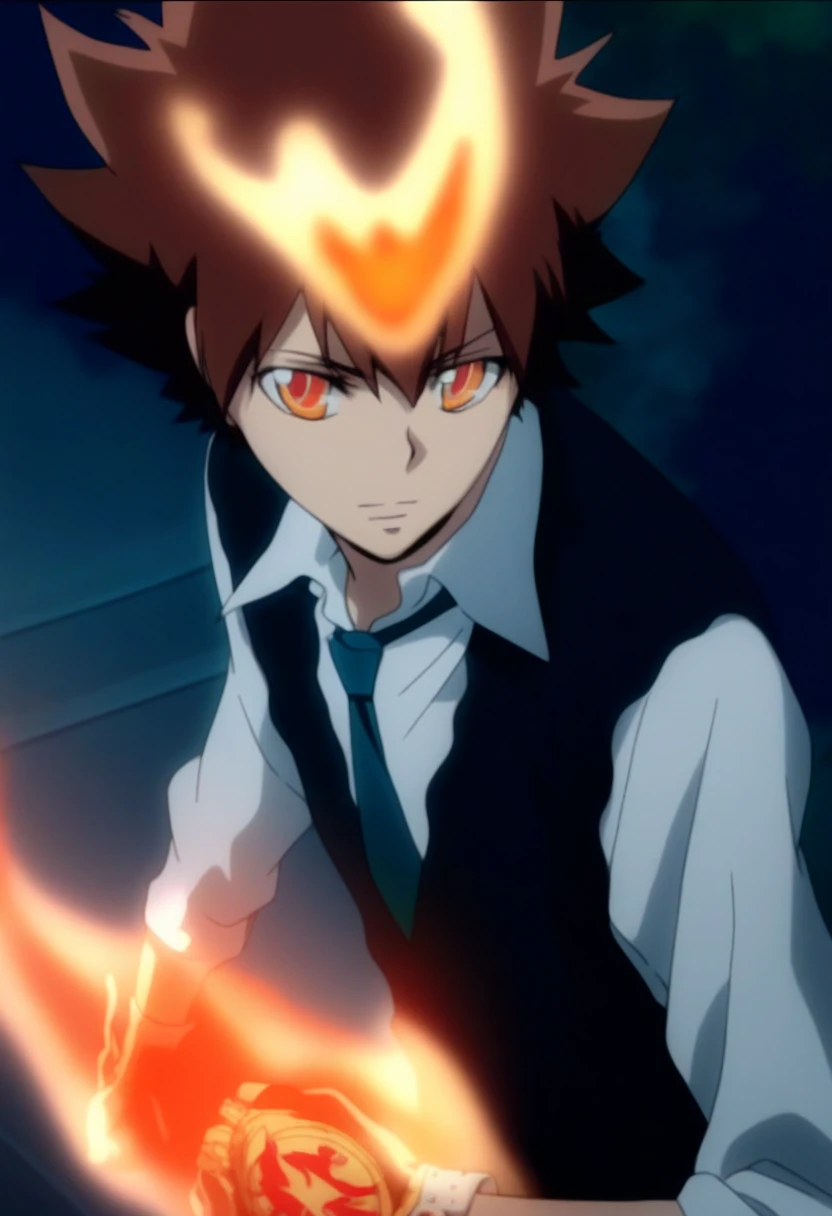 score_9, score_8_up, score_7_up, score_6_up, highly detailed, masterpiece, best quality,detailed,intricate details, amazing quality, best aesthetic, absurdres, tsuna_hyper, brown hair, orange eyes, flame on head, flame on hands, 1boy, male focus, solo, blue necktie, necktie, black vest, night, gloves, fire