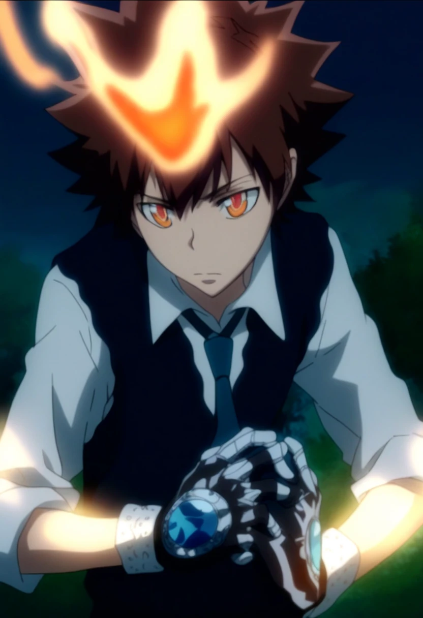 score_9, score_8_up, score_7_up, score_6_up, highly detailed, masterpiece, best quality,detailed,intricate details, amazing quality, best aesthetic, absurdres, tsuna_hyper, brown hair, orange eyes, flame on head, flame on hands, 1boy, male focus, solo, blue necktie, necktie, black vest, night, gloves, fire