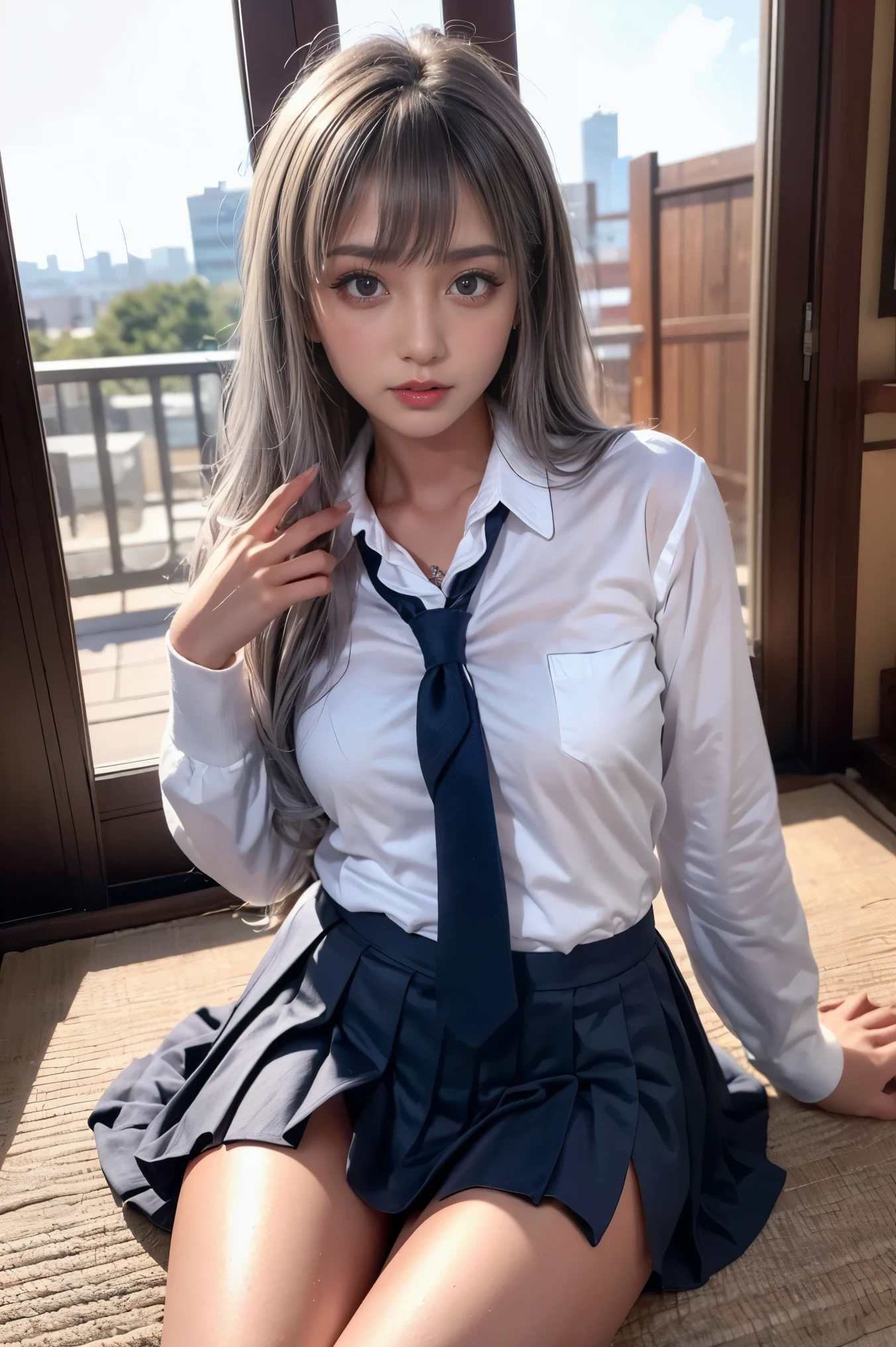 masterpiece, 8k,, photo realistic ,  realistic , 非常に  Details, 超 High Definition , ///1 person,  most beautiful, 20 years old , ( sexy,  Japanese idol with long eyelashes), (Gray Hair:1.2),///  Human Details Shiny Skin ,  Detailsな肌 , Beautifully  Details face, RAW photo, ( is the best質,  Details:1.3), is the best質, (非常に  Detailsな), ハイパー  Details, (繊細で  Detailsな), (複雑な  Details), (Cinematic Light,  is the best質 Backlights), Clear lines, red,  soft Light,  mysterious in another dimension, Magic Looking ,  soft,  curly hair  、 Candid Impressions of Girls ,  face best quality,  big, well-shaped breasts ,  beautiful skin,  cleavage when lying down, whole body,  perfect body, slender , Particles of light, cute顔ギャル, ( anatomically accurate), (( super miniskirt panties)), Nipple marks can be seen naturally and clearly without a bra,  is the best,  face best quality,  beautiful girl , cute,  short bang, Border Depth ,  High Definition , Super  Details,  Details, ighly  Detailsd, extremely  Detailsd eye and 顔,  realistic な生徒,  movie lighting,  white skin and tanned skin ,Alone,woman,(school uniform:1.2),Loose fitting 靴,  sun marks on sunburned skin 