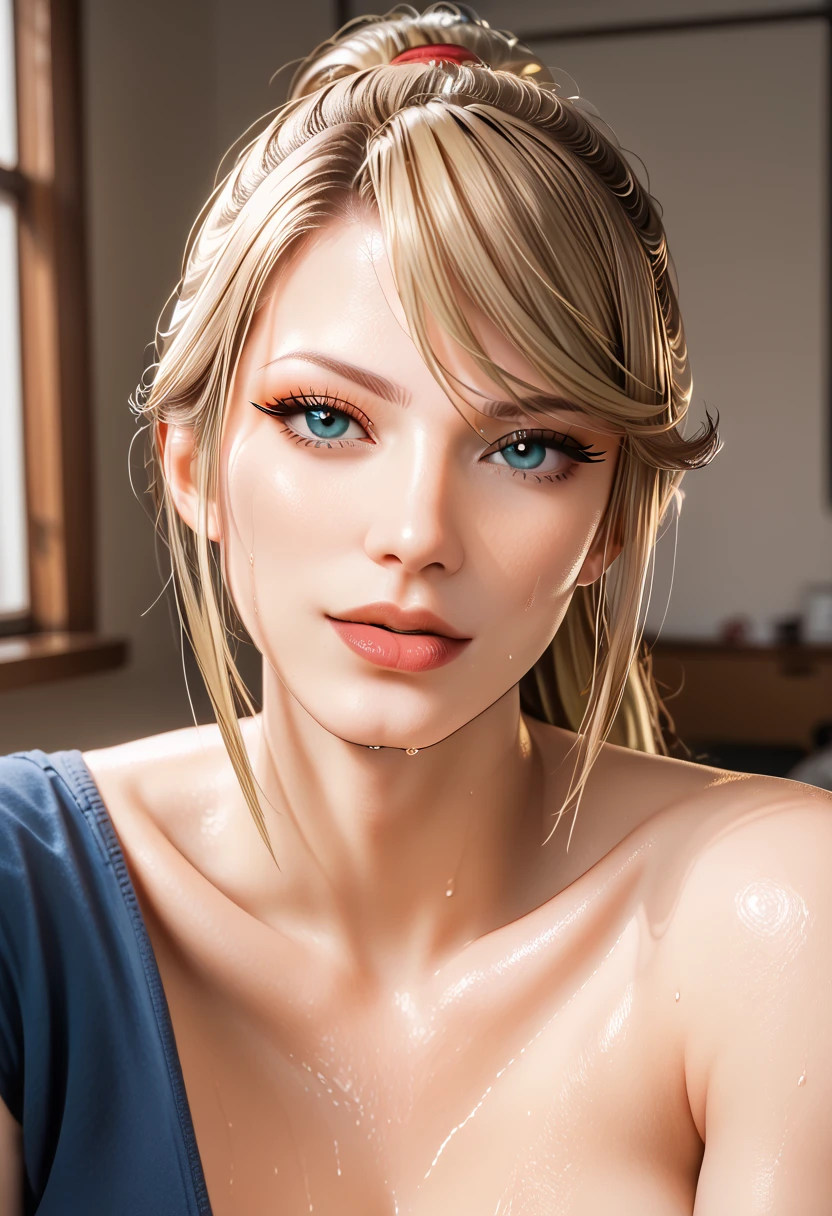 Nyl2 style, samus aran, perfect face, perfect lighting, sexy lips, sexy female, thicc، cleavage, huge breasts, large breasts, sweat, high quality skin texture, huge round ass, skin pores, hair follicles, structured face, mature female,