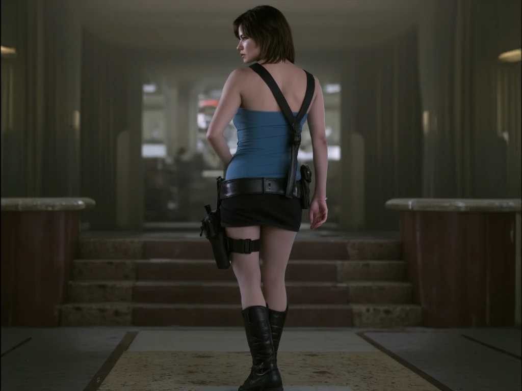 Sienna Guillory, Sienna Guillory as Jill Valentine on movie Resident Evil Apocalypse, "focus Back view", "Back View", short skirt, blue top, black hair