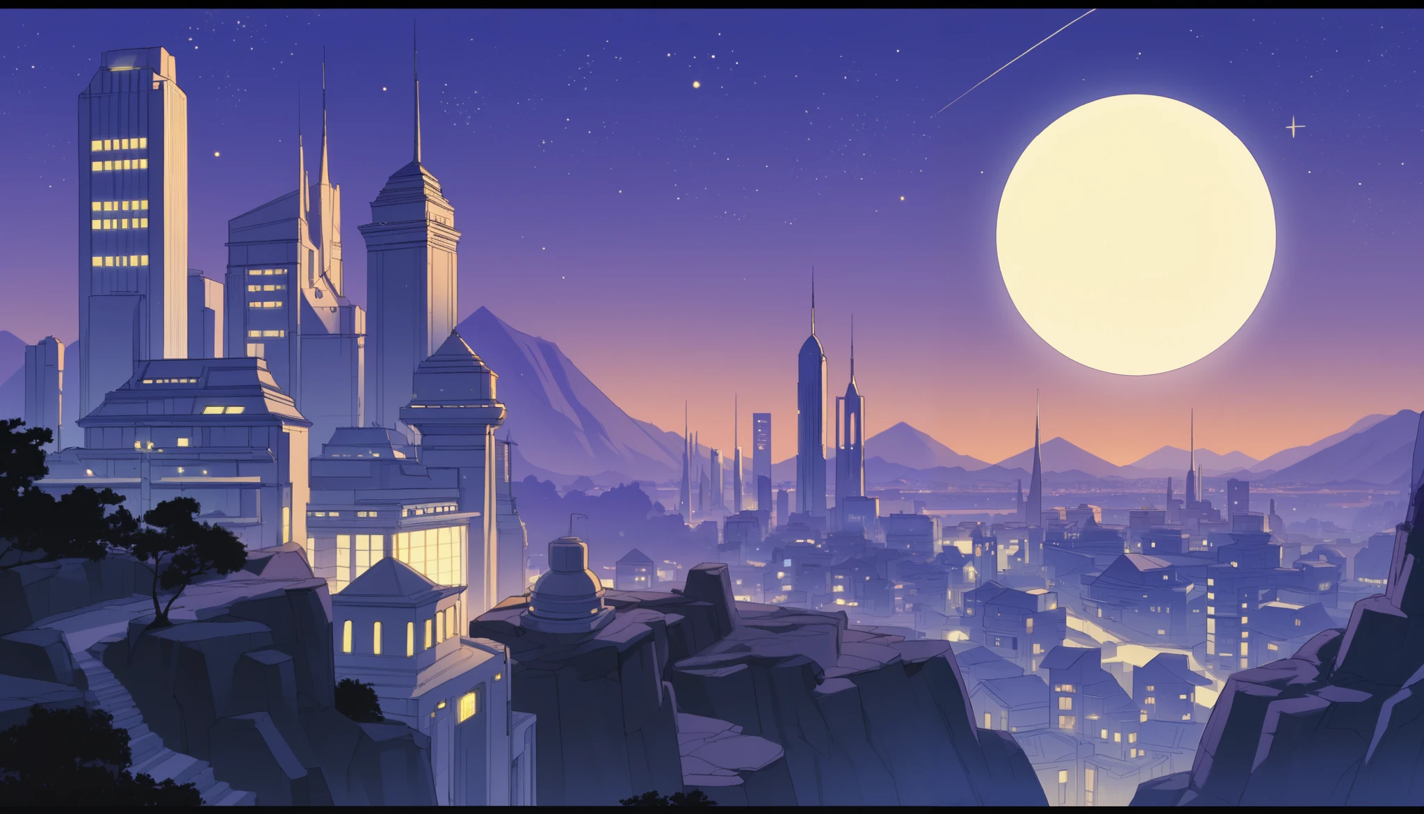 Classic 80s anime-style wide shot of a distant cityscape dominated by tall skyscrapers with glowing windows and subtle neon accents, viewed from across a calm, expansive bay at night. The city appears far on the horizon, with its towering buildings silhouetted against the deep blue and purple hues of the night sky. The foreground features still water reflecting the city lights and moonlight, framed by rocky edges or sparse vegetation for added depth. The atmosphere is serene and cool, with a color palette dominated by cold tones such as icy blues, purples, and hints of silver. Scattered stars and thin clouds softly illuminated by the glow of a full moon enhance the tranquil ambiance. The scene is entirely free of people, focusing solely on the expansive, peaceful landscape. The art style is highly detailed with bold outlines, smooth cel-shading, and a nostalgic 80s anime aesthetic.