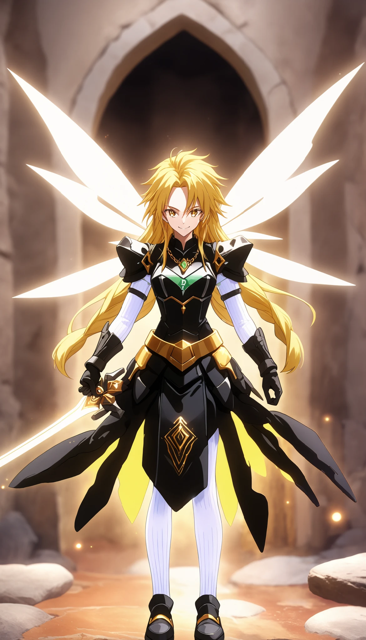 score_7_ up, Animated screen capture, Ramiris TS  、  1 girl, Alone,  open mouse over P, smile,  long hair, Dual Swords,  blondes,  yellow eyes,  holding a star , Facial Pattern, Fairy Wings, Mole on arm,  tube top dress  ,  black dress,  armlet,  necklace, Gold Belted ,  bridal gauntlet,  Black Gloves  ,  Loose Socks ,  holding white socks  , Black shoes, aura,  flying、  viewers、 Blurred Background, indoor, cave