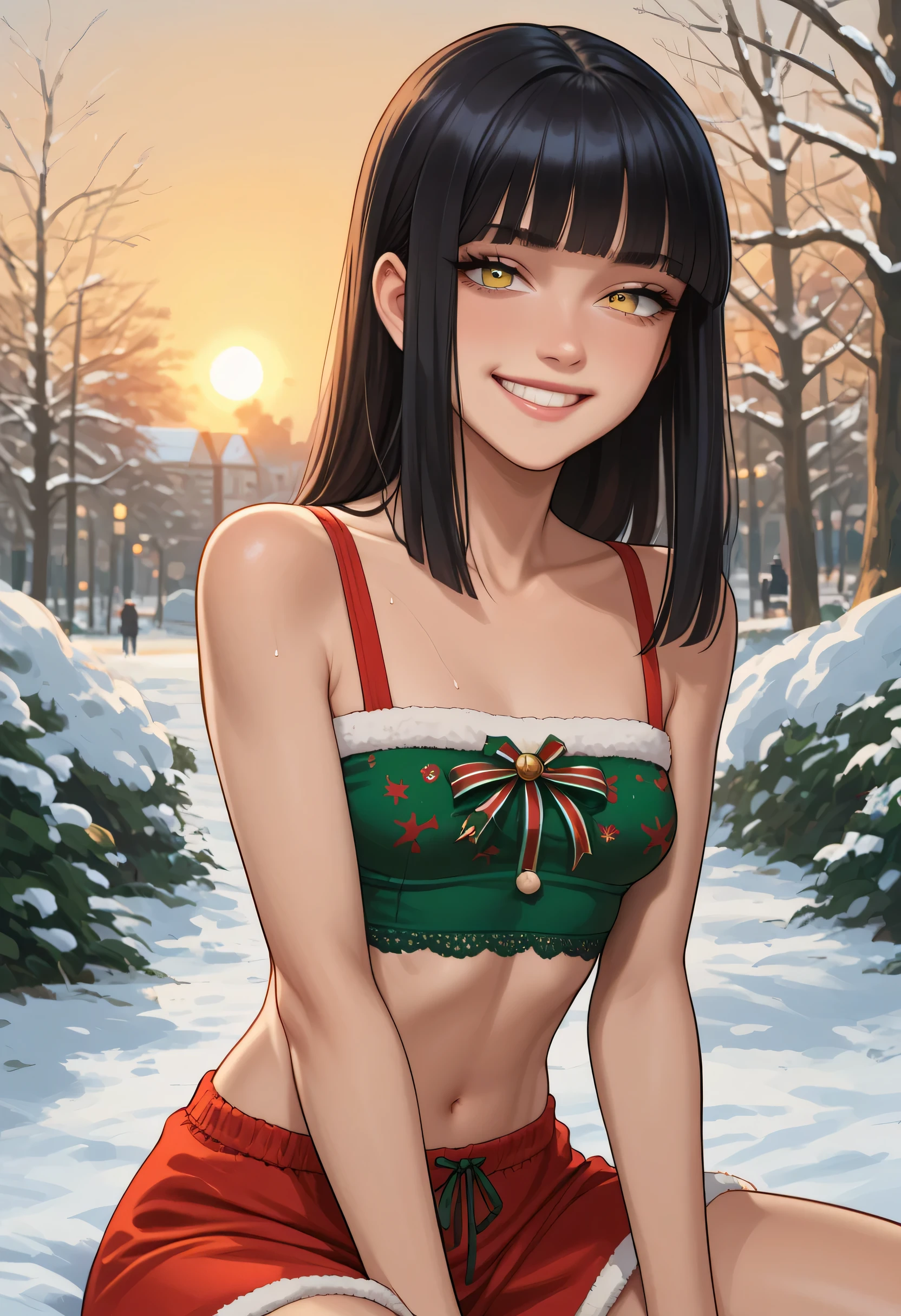 1girl, irritated expression, (olive light eyes) (small cropped top:1.4), Christmas, cold and snow, DARK HAIR, hime cut, looking at viewer, park back, sitting, small , (small slim body), portrait. smile
 (Sunset:1.4), score_9, score_8_up, score_7_up.
