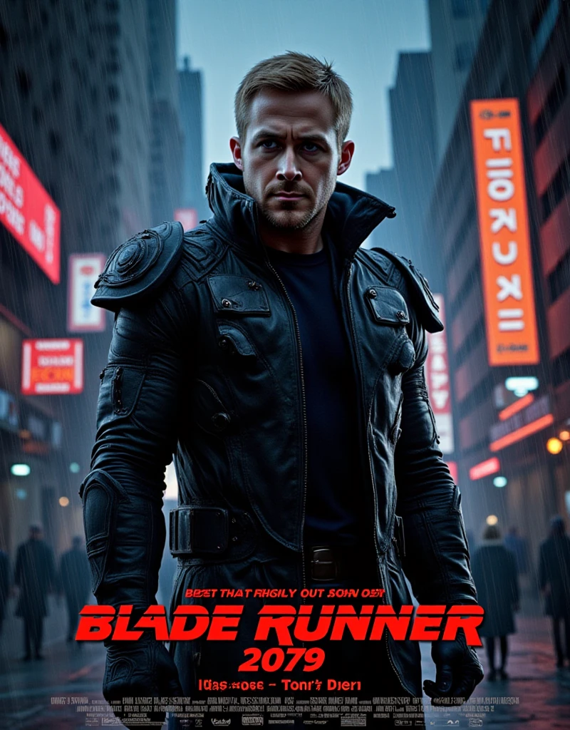 Movie poster, title is decoration metric color  letter "Blade Runner 2079" writhing bottom screen, Front view, full body, 1 American actress, name is Ryan Gosling ,  next cinema  Blade Runner 2049, title Blade Runner 2069 ,(buzz cut , serious) future technical costume,  black protect hot wear, in Waste New York,  back fall rain,  (photographic, super high definition , retina, masterpiece,  anatomically correct, Accurate, textured skin,  super detailed,   High Details  ,  High Quality ,  High Quality ,  high definition , 8k)
