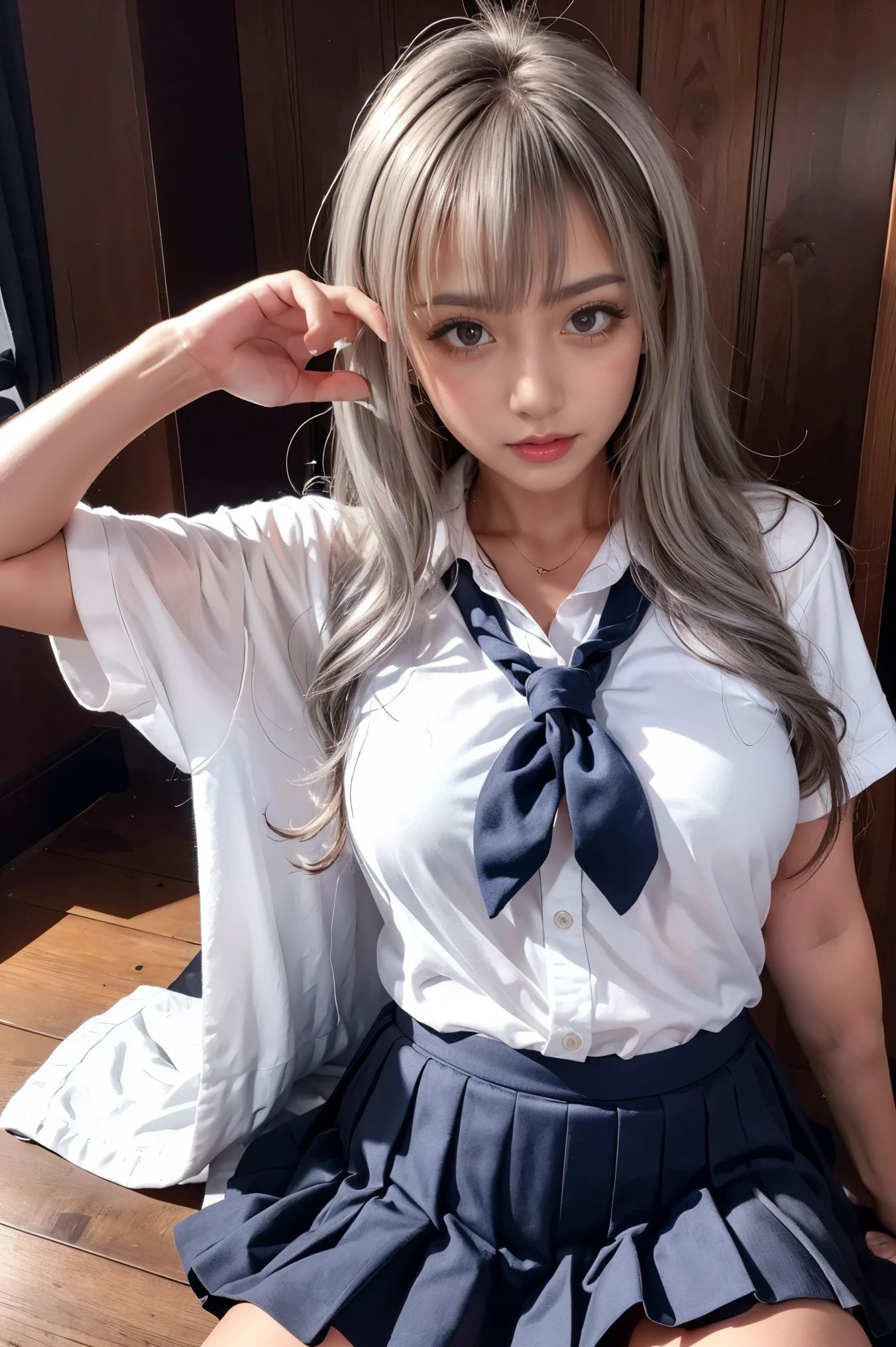 masterpiece, 8k,, photo realistic ,  realistic , 非常に  Details, 超 High Definition , ///1 person,  most beautiful, 20 years old , ( sexy,  Japanese idol with long eyelashes), (Gray Hair:1.2),///  Human Details Shiny Skin ,  Detailsな肌 , Beautifully  Details face, RAW photo, ( is the best質,  Details:1.3), is the best質, (非常に  Detailsな), ハイパー  Details, (繊細で  Detailsな), (複雑な  Details), (Cinematic Light,  is the best質 Backlights), Clear lines, red,  soft Light,  mysterious in another dimension, Magic Looking ,  soft,  curly hair  、 Candid Impressions of Girls ,  face best quality,  big, well-shaped breasts ,  beautiful skin,  cleavage when lying down, whole body,  perfect body, slender , Particles of light, cute顔ギャル, ( anatomically accurate), (( super miniskirt panties)), Nipple marks can be seen naturally and clearly without a bra,  is the best,  face best quality,  beautiful girl , cute,  short bang, Border Depth ,  High Definition , Super  Details,  Details, ighly  Detailsd, extremely  Detailsd eye and 顔,  realistic な生徒,  movie lighting,  white skin and tanned skin ,Alone,woman,(school uniform:1.2),Loose fitting 靴,  sun marks on sunburned skin 