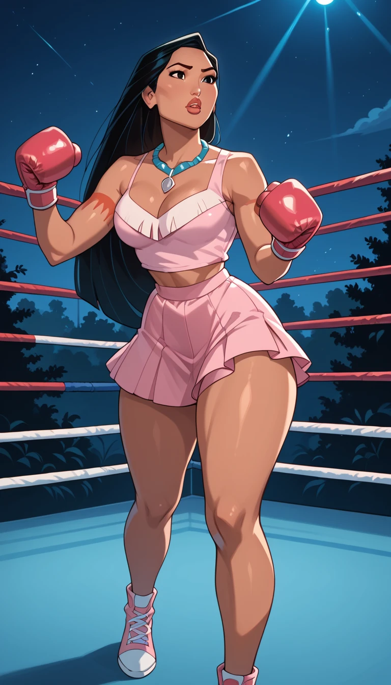   2D Anime Image , (   anime style 1   ), Pocahontas (Disney),   tight pink tank shirt ,  indigenous necklace ,   fringed brown short skirt ,   ,  boxing ring at an empty gym , night, one-sided fight   ,     tousled black hair    ,curves,  thick thighs   ,,  pink boxing gloves ( , detailed gloves , 1  ), hematomas,   full lips   ,    thick thighs   , legs