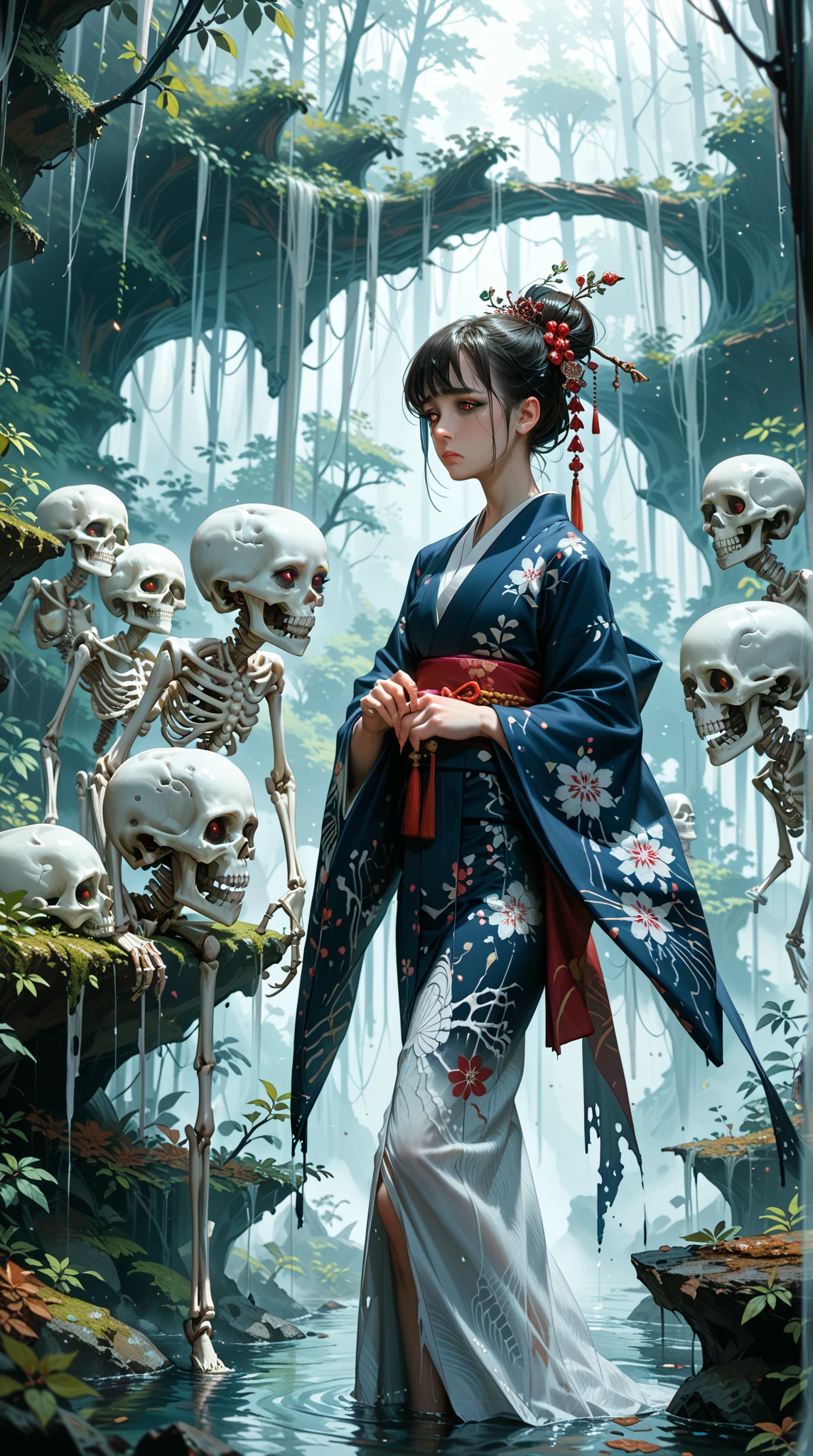 Fantasy Ghostly Monster ， Fleshless Bloodless Skeleton Girl ， with a clear and complete skeleton ， in Gorgeous Japanese Kimono ， is surrounded by a dark air all over her body， Standing in a Misty Deep Forest Canyon，Sad looking at the front ，