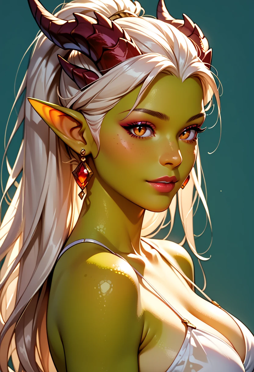 a cartoony alien woman, white hair, green skin, 4 legs, 4 breasts, fantasy creature, beautiful detailed eyes, beautiful detailed lips, extremely detailed face, intricate details, vibrant colors, soft lighting, whimsical, digital art, concept art, highly detailed, 8k, photorealistic, masterpiece , revealing clothes showing her cleavage