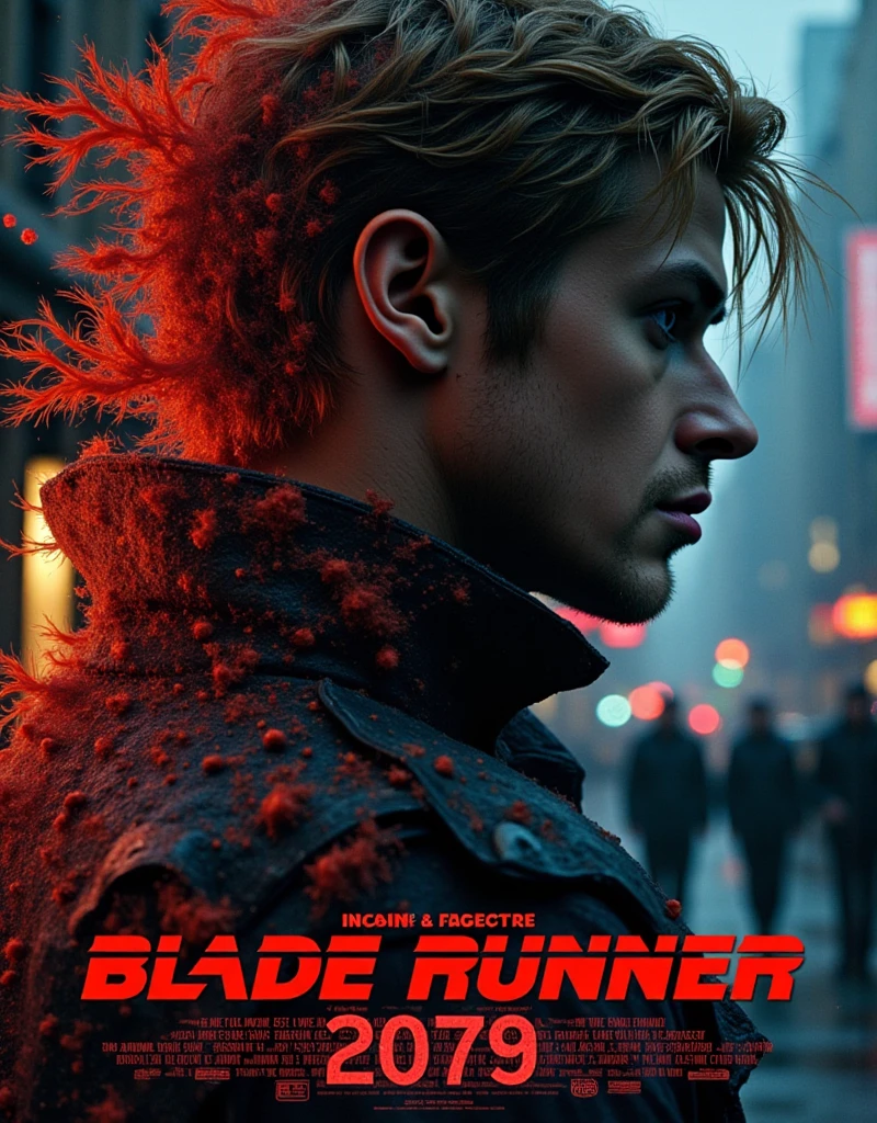 Movie poster, title is decoration metric color  letter "Blade Runner 2079" writhing bottom screen, Front view, full body, 1 American actress, name is Ryan Gosling , I came looking for one woman who developed AI in a time machine,  in New York,  back fall rain,  (photographic, super high definition , retina, masterpiece,  anatomically correct, Accurate, textured skin,  super detailed,   High Details  ,  High Quality ,  High Quality ,  high definition , 8k)
