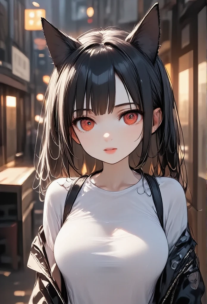 (NSFW:1.5)、 One girl \(cute, Cute,Charming,Charmingな, seductive , Evil Smiles , smirking ,  open mouse over P,tooth, black hair, long hair,Twin tail hair,青 white skin,  white skin,  red eyes,  short hair jacket with shining eyes ,Very large eyes, Big Breasts ,  Perky Breasts  , ((Completely naked))、Fluffy black cat ears, spiral eyes, bang, pocket\),background\(outside, Noisy city, Backstreet,  narrow street ,  from behind , At night\), 3d rendering , portrait, bust up,from below, close-up girl、((( detailed vagina )))、(((Love juice)))、(((sweat))),((( masturbation)))