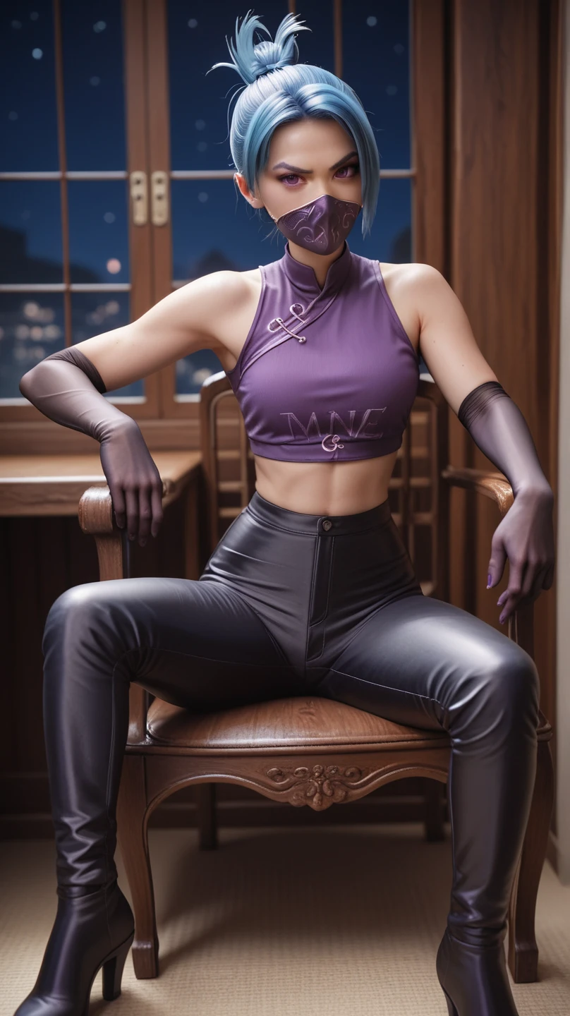 1girl, night thief, blue hair, folded ponytail, purple eyes, ninja mask, mouth mask, purple crop top, black shiny high waisted disco pants, black elbow gloves, thigh boots, sitting on the chair, leg spread ,battle stance, look at the viewer, at bedroom
