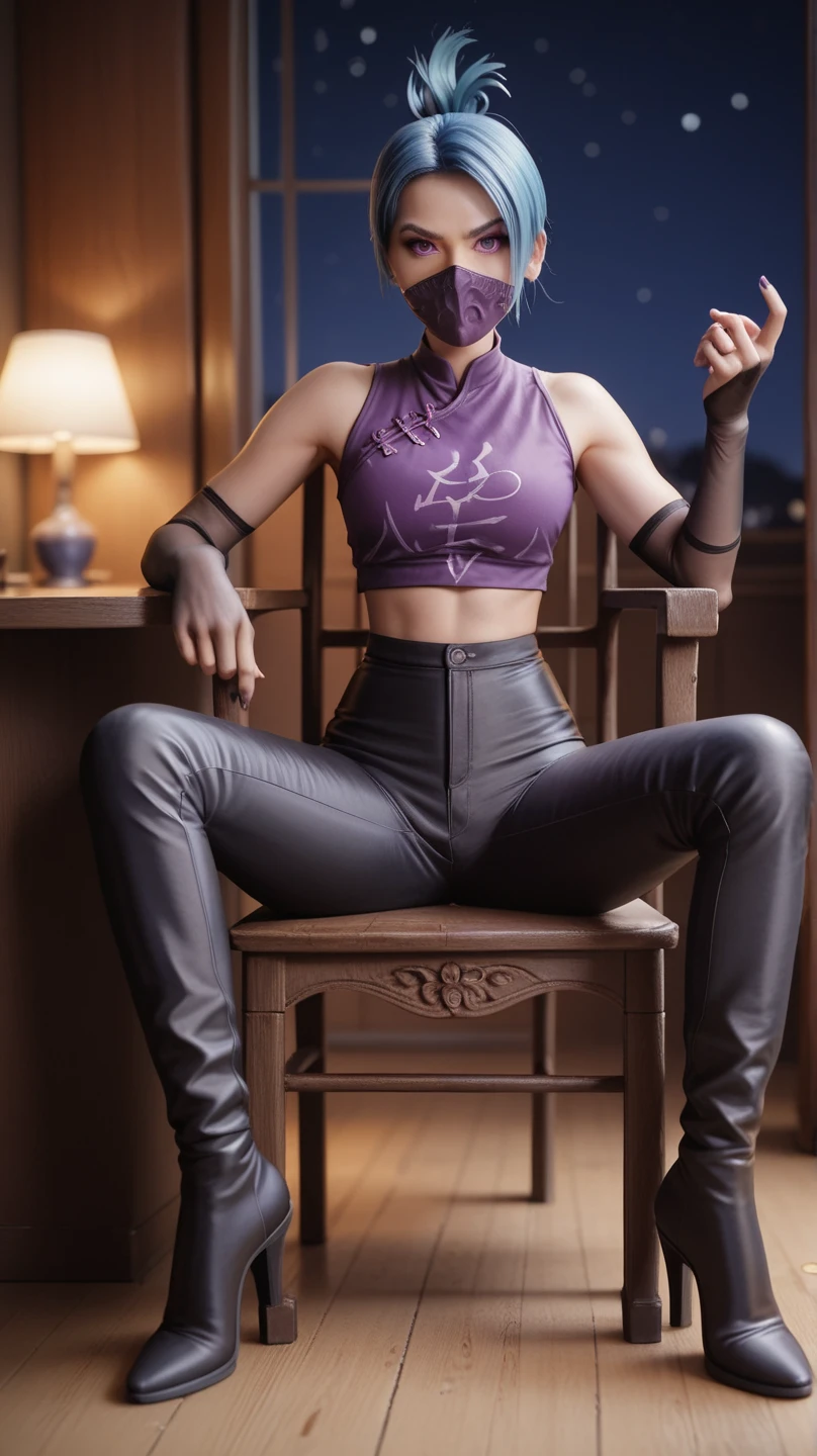 1girl, night thief, blue hair, folded ponytail, purple eyes, ninja mask, mouth mask, purple crop top, black shiny high waisted disco pants, black elbow gloves, thigh boots, sitting on the chair, leg spread ,battle stance, look at the viewer, at bedroom
