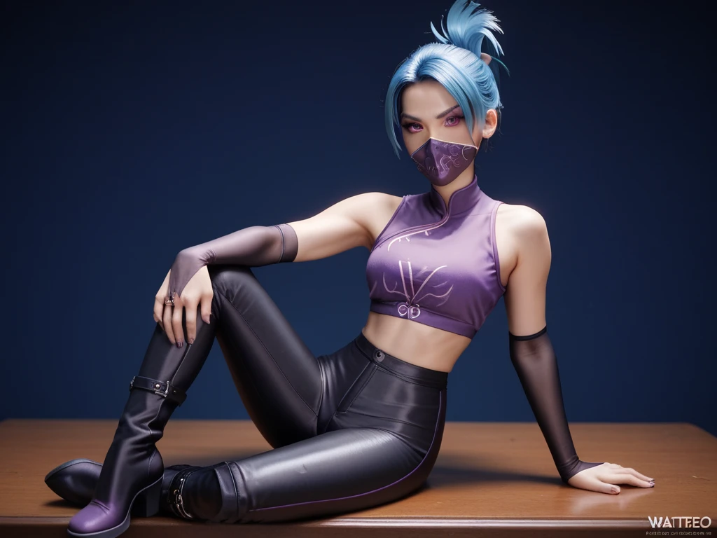 1girl, night thief, blue hair, folded ponytail, purple eyes, ninja mask, mouth mask, purple crop top, black shiny high waisted disco pants, black elbow gloves, thigh boots, sitting on the chair, leg spread ,battle stance, look at the viewer, at bedroom
