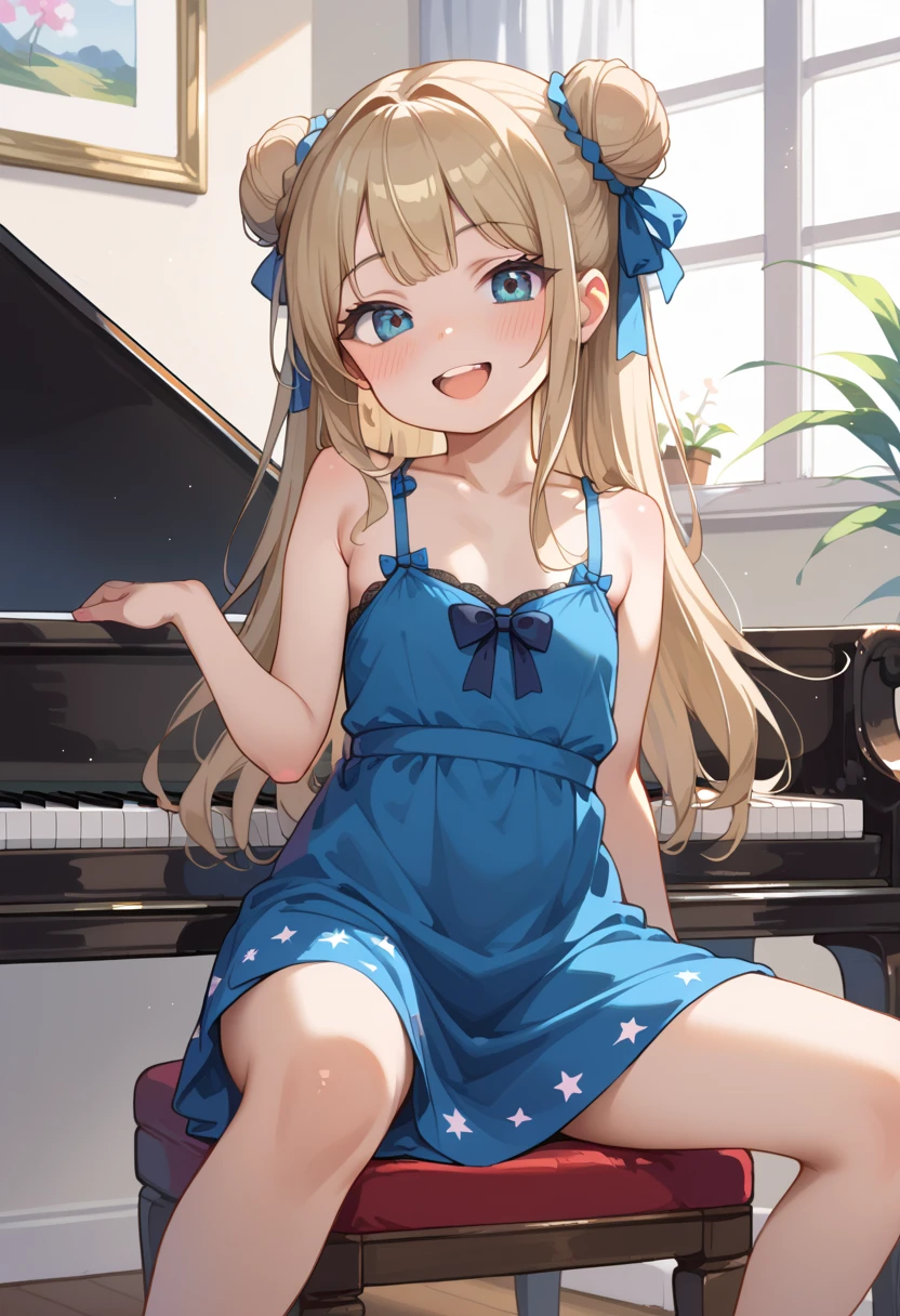 (( top quality )), ((masterpiece)), (be familiar with),  perfect face, indoor, bedroom,  Watching Viewers ,
One woman, I was,
 open mouth,  ecstatic expression beside the piano, blush, smile,
 small tits,  flat chest, Young girl, Lori,  s,  girl,
 long hair,  twin bun hair ,
Leg spread,