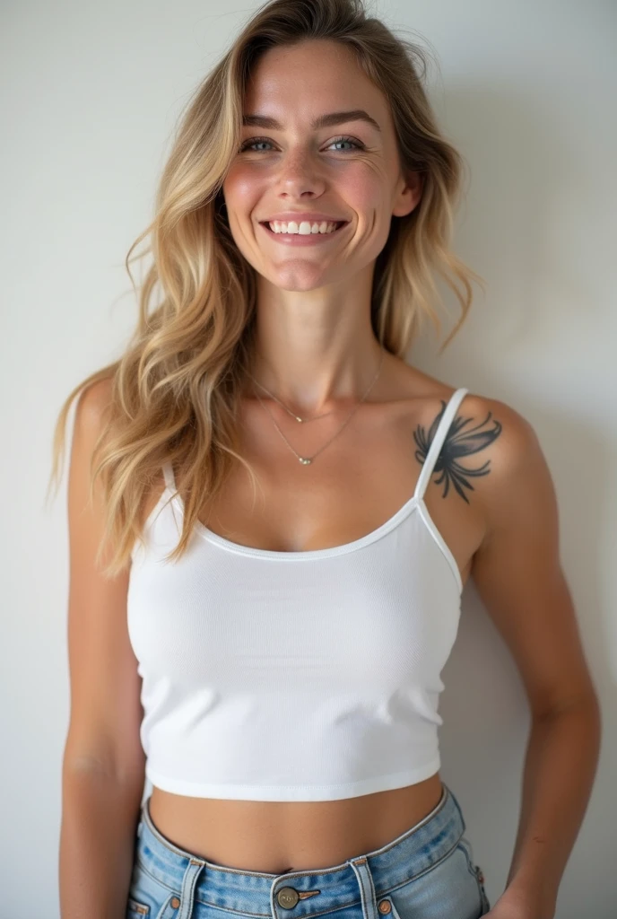smiling woman with long hair and a white shirt with a pooka shell necklace around her neck, wearing chuck taylors with ripped black jeans, this person does not exist, perfect human female specimen, sophia bush-rebecca demornay-natasha henstridge-juno temple-kristen wiig-leslie bibb-jennifer garner-jamie lynn spears-mandy moore-dianna agron-eva saint-kim dickens merged, entire body visible, full body, hyperrealistic, best quality, 8K, real human skin, masterpiece, extremely intricate, medium closeup, detailed eyes, detailed face, detailed body, exaggerated features, pronounced features