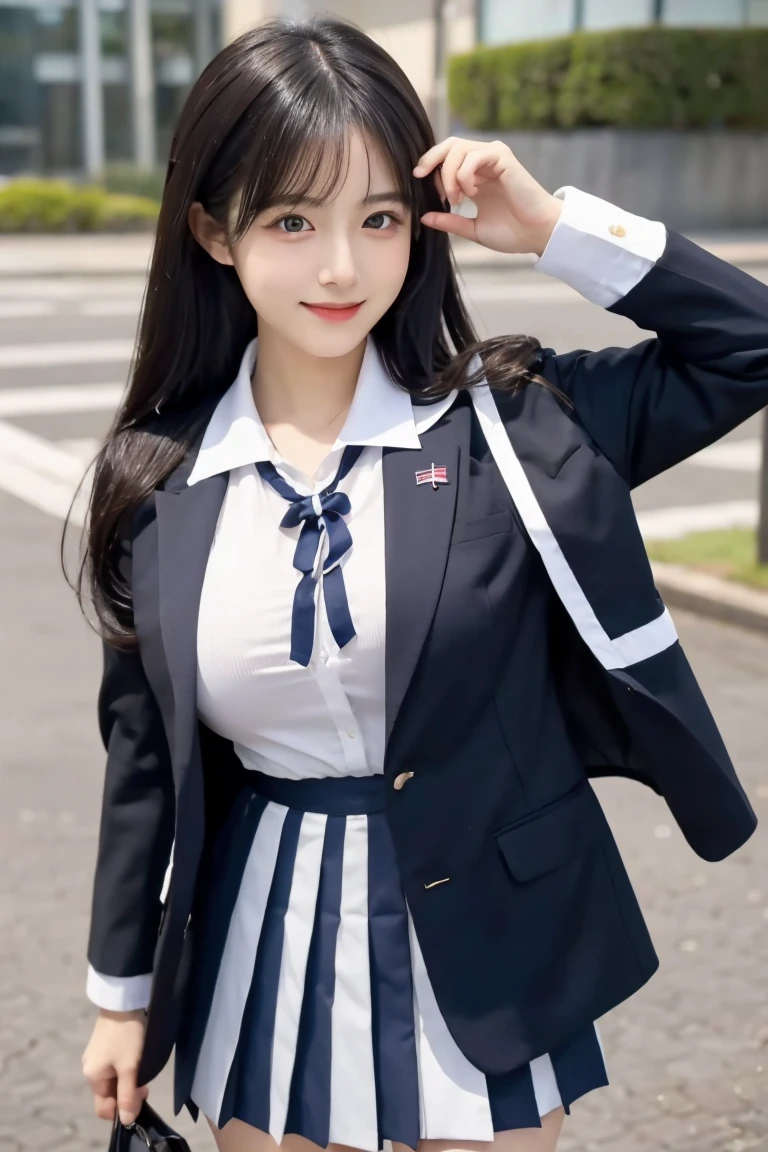 Best-quality, Masterpiece, Ultra-High-Resolution, (Photorealistic:1.4), Raw-Photo, the most famous Japanese idol, navy-blue Japanese high-school uniform, extremely cute face like the most popular Japanese idol, ((extremely beautiful big-black-eyes)), extremely beautiful hair, extremely beautiful skins, extremely beautiful long-eyelashes, extremely beautiful lips, extremely beautiful thighs, looking at viewer, innocent-smile, dynamic-pose