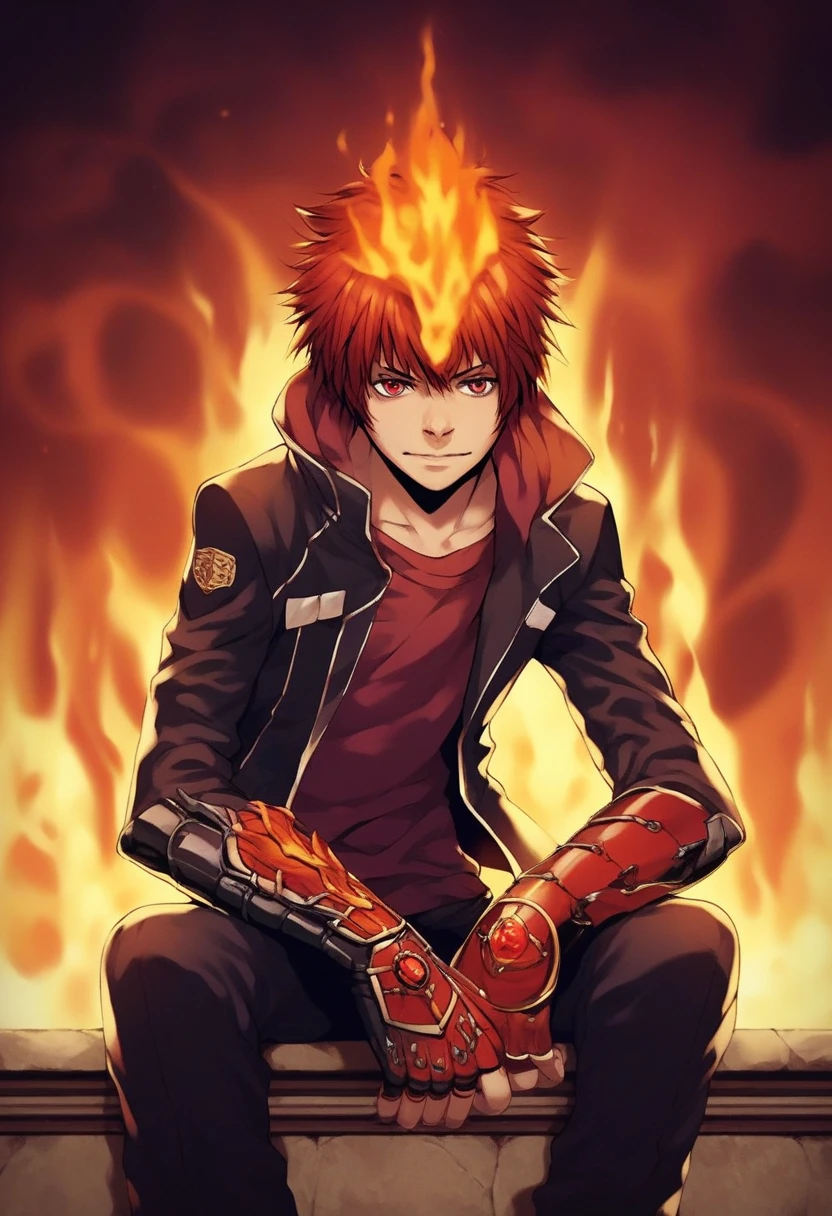 score_9, score_8_up, score_7_up, score_6_up, highly detailed, masterpiece, best quality,detailed,intricate details, amazing quality, best aesthetic, absurdres,source_anime,fire, gloves, sitting, jacket, fingerless gloves, enma_hyper, fire on head, red hair, red eyes, fire on hands