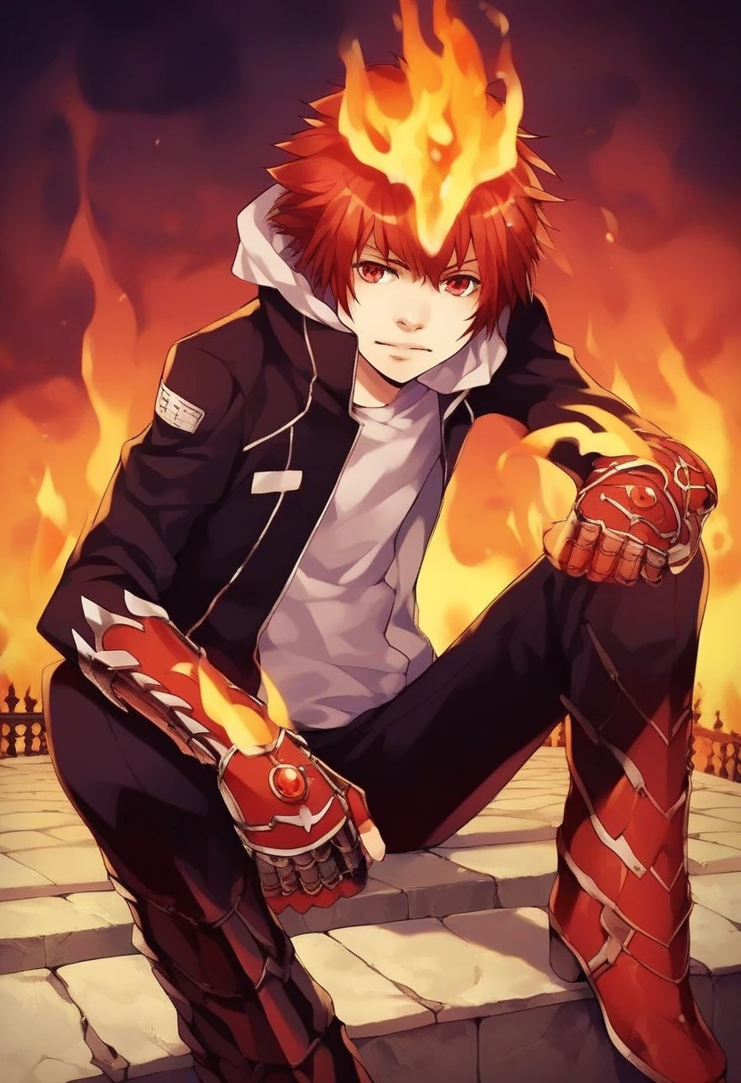 score_9, score_8_up, score_7_up, score_6_up, highly detailed, masterpiece, best quality,detailed,intricate details, amazing quality, best aesthetic, absurdres,source_anime,fire, gloves, sitting, jacket, fingerless gloves, enma_hyper, fire on head, red hair, red eyes, fire on hands