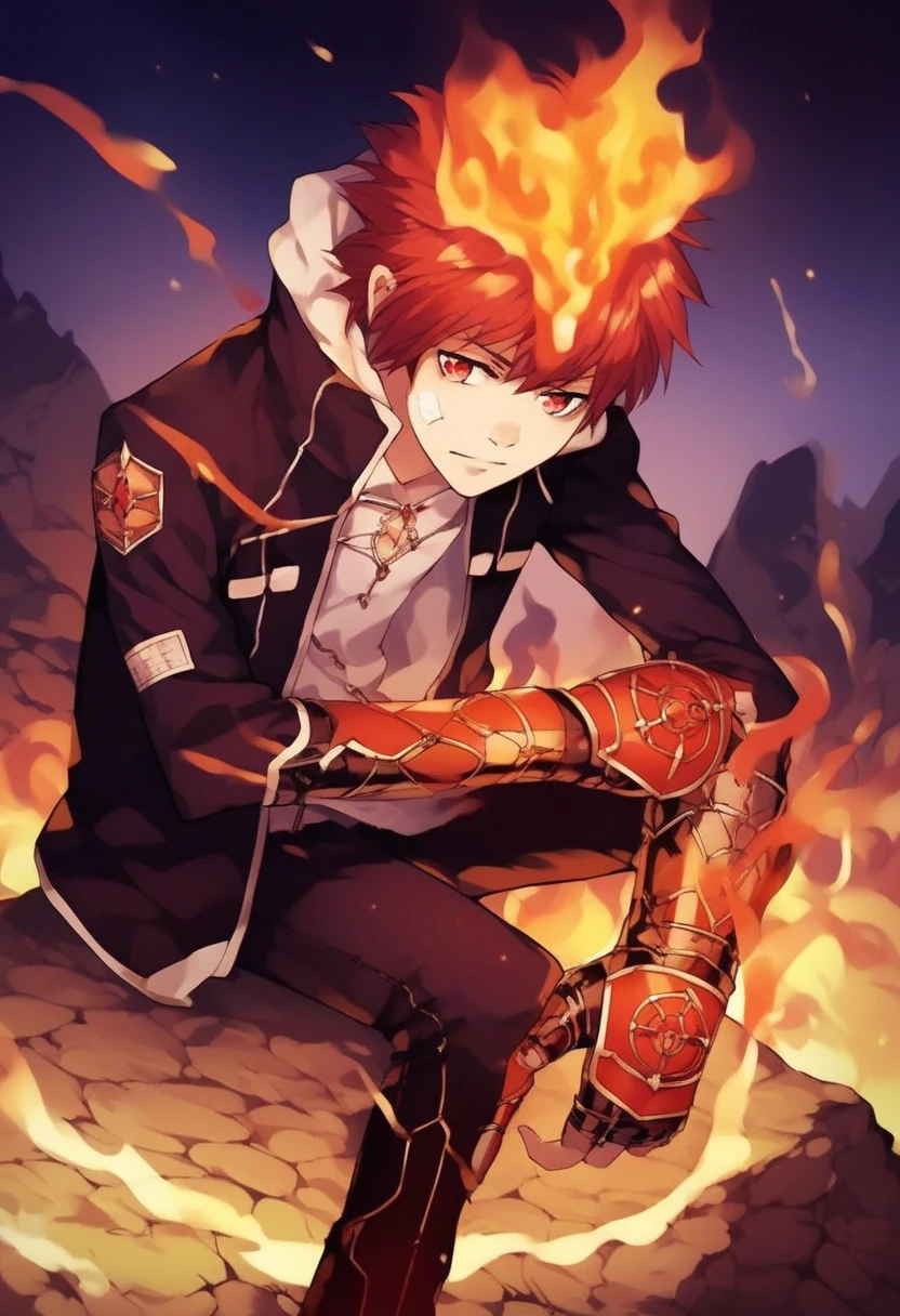 score_9, score_8_up, score_7_up, score_6_up, highly detailed, masterpiece, best quality,detailed,intricate details, amazing quality, best aesthetic, absurdres,source_anime,fire, gloves, sitting, jacket, fingerless gloves, enma_hyper, fire on head, red hair, red eyes, fire on hands