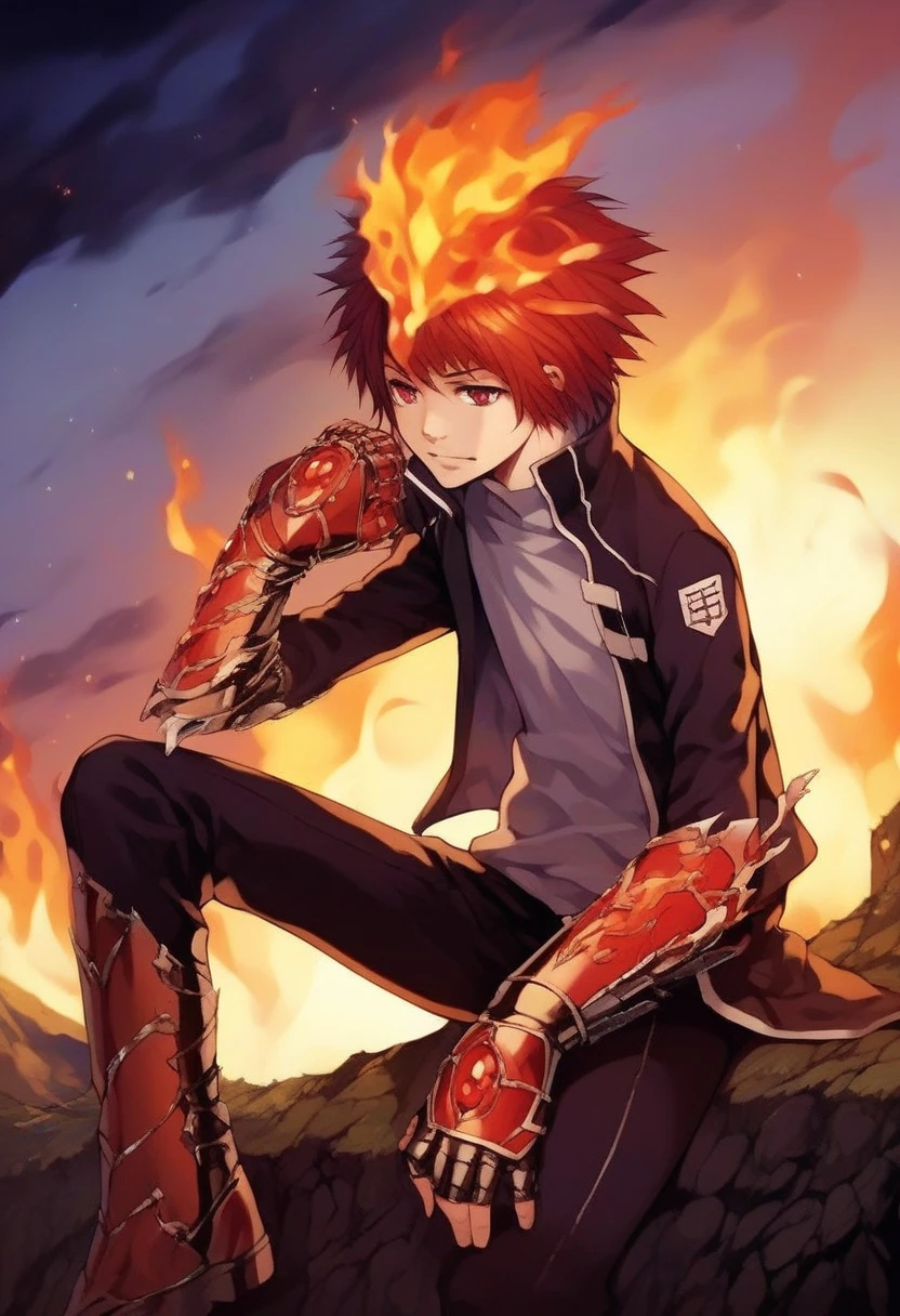 score_9, score_8_up, score_7_up, score_6_up, highly detailed, masterpiece, best quality,detailed,intricate details, amazing quality, best aesthetic, absurdres,source_anime,fire, gloves, sitting, jacket, fingerless gloves, enma_hyper, fire on head, red hair, red eyes, fire on hands