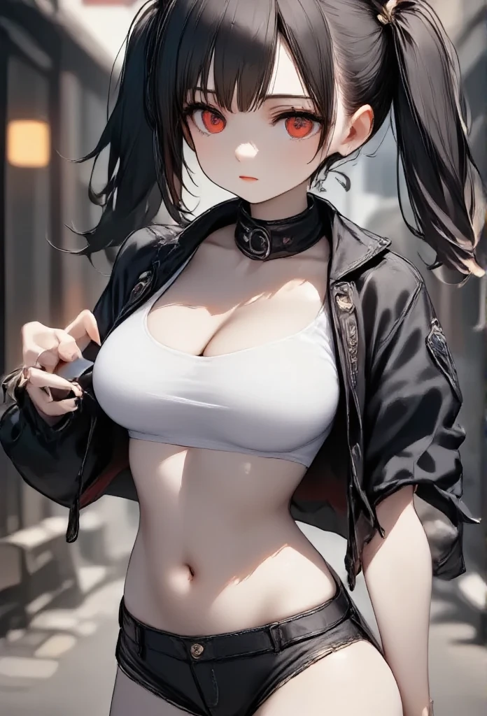 (NSFW:1.5)、 One girl \(cute, Cute,Charming,Charmingな, seductive , Evil Smiles , smirking ,  open mouse over P,tooth, black hair, long hair,Twin tail hair,青 white skin,  white skin,  red eyes,  short hair jacket with shining eyes ,Very large eyes, Big Breasts ,  Perky Breasts  , ((Completely naked))、Fluffy black cat ears, spiral eyes, bang, pocket\),background\(outside, Noisy city, Backstreet,  narrow street ,  from behind , At night\), 3d rendering , portrait, bust up,from below, close-up girl、((( detailed vagina )))、(((Love juice)))、(((sweat))),((( masturbation)))