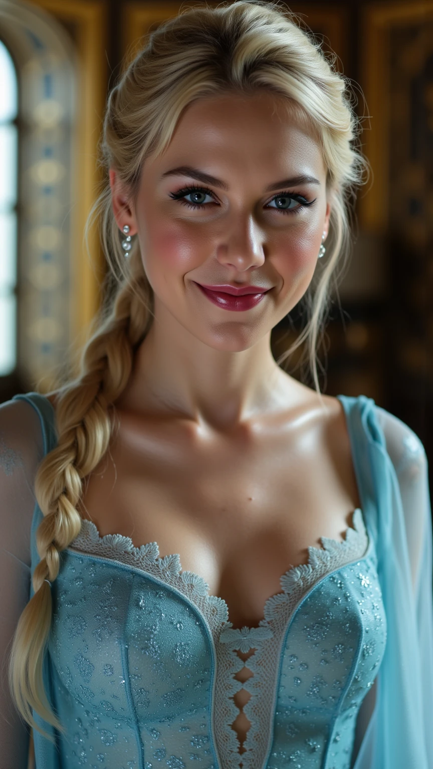 A stunning ultra close face portrait shot of Nacy Ace as Elsa hiking up her dress showing her thighs, showing lots of skin, exposed midriff, pulling down her light blue lace panties, smiling , she is sexy , queen of arendelle, young and beautiful, hyper realistic, real portrait, backlit, exquisite features, cleavage, sexy, seductive, interior or an ornate castle ballroom with high ceilings, show skin, blue eyes, very perky tits with nipples poking at the sheer fabric, deeply exposed cleavage , narrow waist and wide hips