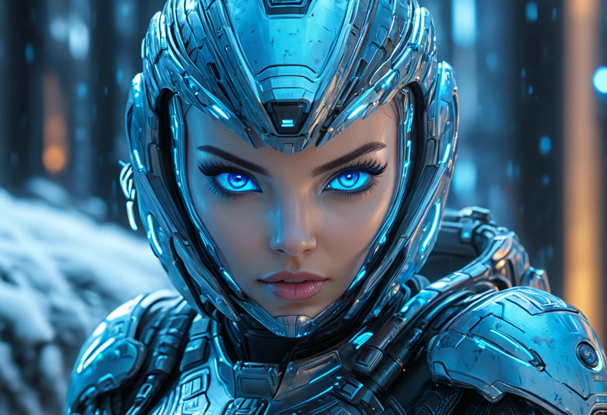 FACE WOMAN powerful armor, sharp look,
Frost, Calls, perfect details, (Best Quality, 4k,
High resolution, masterpiece:1.2), ultra detailed,
realist:
1.37, HDR, studio lighting, vivid colors, (cyberpunk,
Futuristic) style, lcy Blue Color Scheme, dynamic
lighting. MOD ULTRA FACE 8k laser eyes