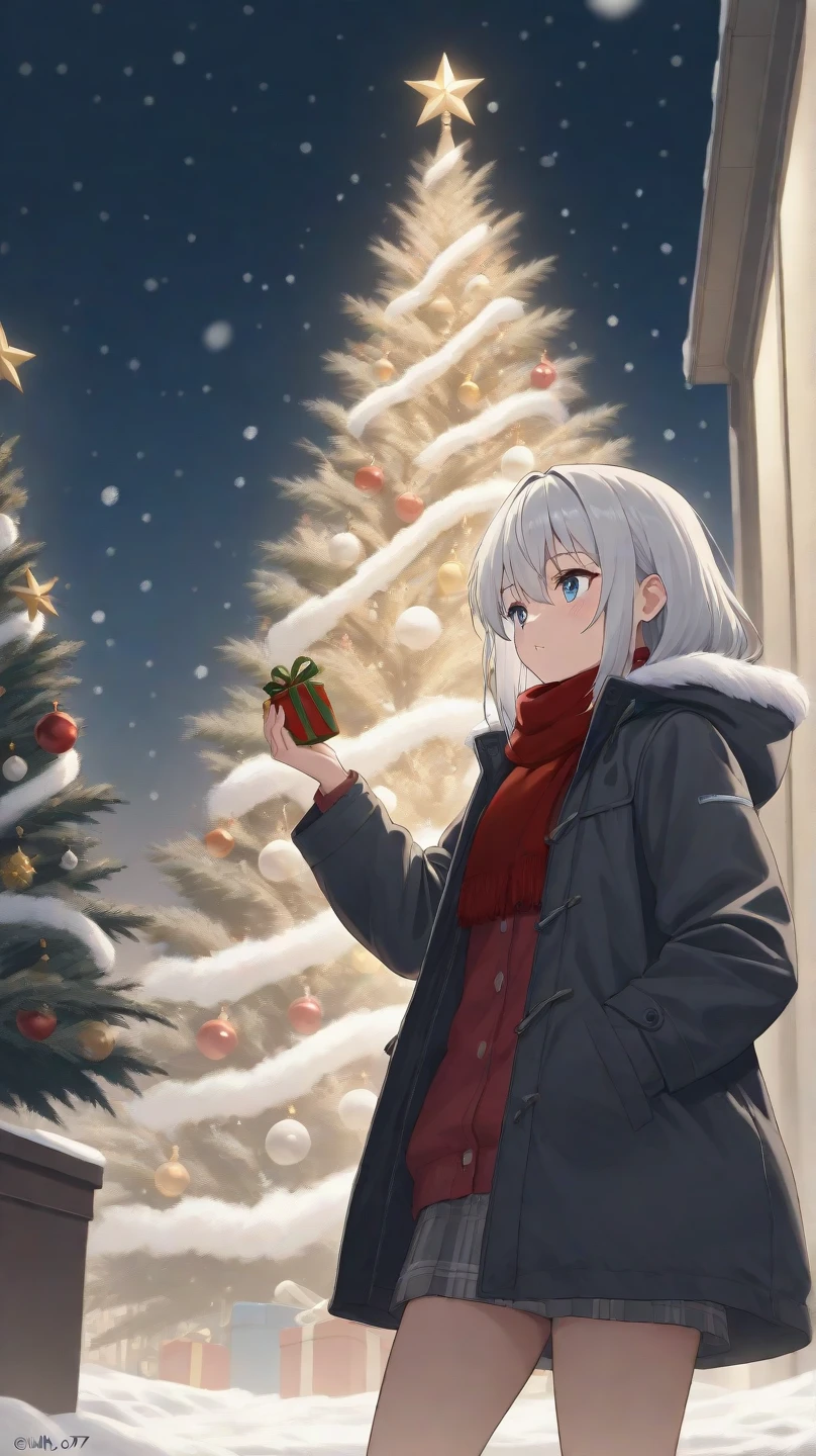 Christmas illuminations, Christmas tree,it's snowing,girl dressed as Santa alone outside, her silver hair, ears and flowers turning red from the cold, anime, anime style,  atmospheric perspective, UHD, retina, masterpiece, accurate, anatomically correct, super detail , high details, high quality, best quality, highres, 1080P, 16k