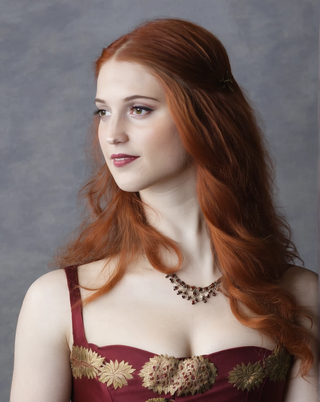 Lucy Westenra , redhead,  in an Edwardian dress