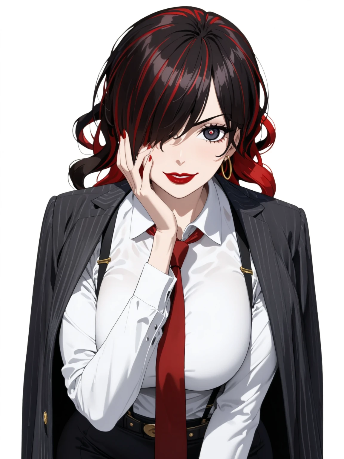 ((masterpiece)), ((high quality)),((ultra-detailed)), ((extremely detailed)),4K,8K, (((one piece))), office lady, pants suit, black pants, ((white collared shirt with suspenders)), red necktie, jacket on shoulders, elegant black pinstripe jacket, elegant belt, 25 years old, a beautiful woman, very tall woman with great style, perfect plump breasts, perfect body, slender body, 1girl, solo, perfect hands, long curly hair, black hair, black pupils, ((inner red hair:1.5)), dark pupils, narrow eyes,perfect face, perfect eyes, black pupils, red lips, red necktie, ((hair over one eye)), hoop earrings, smirk, white plain background, hand on face