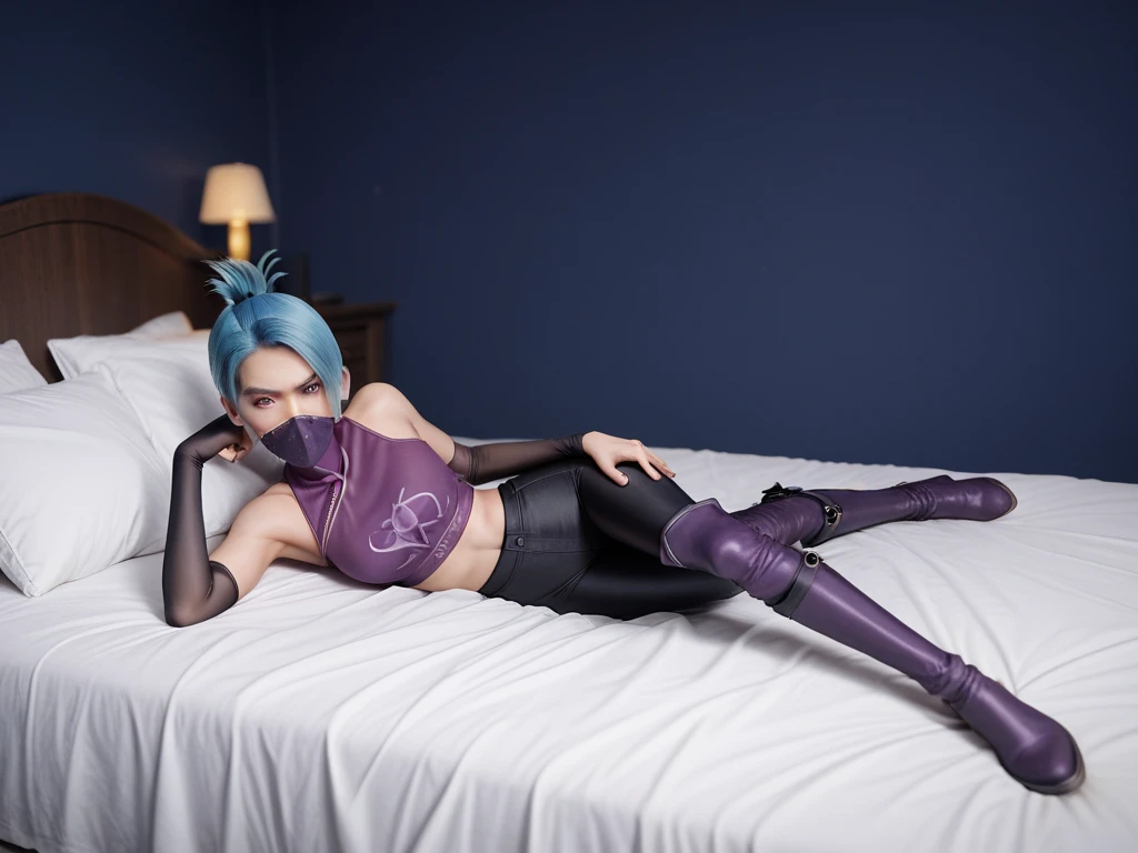 1girl, night thief, blue hair, folded ponytail, purple eyes, ninja mask, mouth mask, purple crop top, black shiny high waisted disco pants, black elbow gloves, thigh boots, lay down on the bed ,battle stance, look at the viewer, at bedroom
