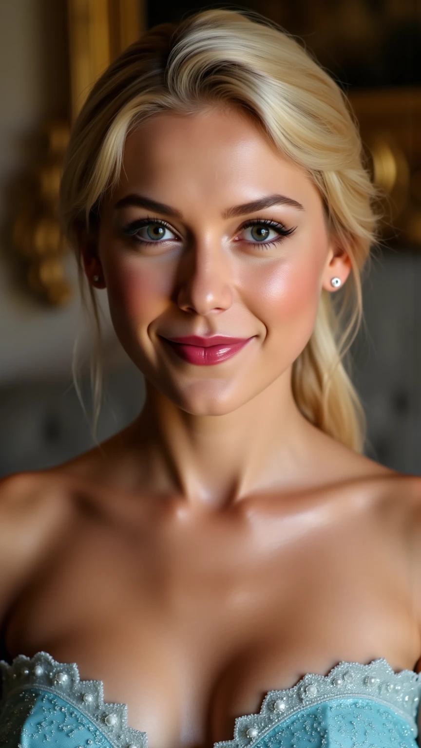 A stunning ultra close face portrait shot of Nacy Ace as Elsa naked, showing lots of skin, exposed midriff, visible vagina, blonde Pubic hair , smiling , she is sexy , queen of arendelle, young and beautiful, hyper realistic, real portrait, backlit, exquisite features, cleavage, sexy, seductive, interior or an ornate castle bedroom with high ceilings, show skin, blue eyes, very perky tits with nipples poking, perfectly rendered nipples, deeply exposed cleavage , narrow waist and wide hips